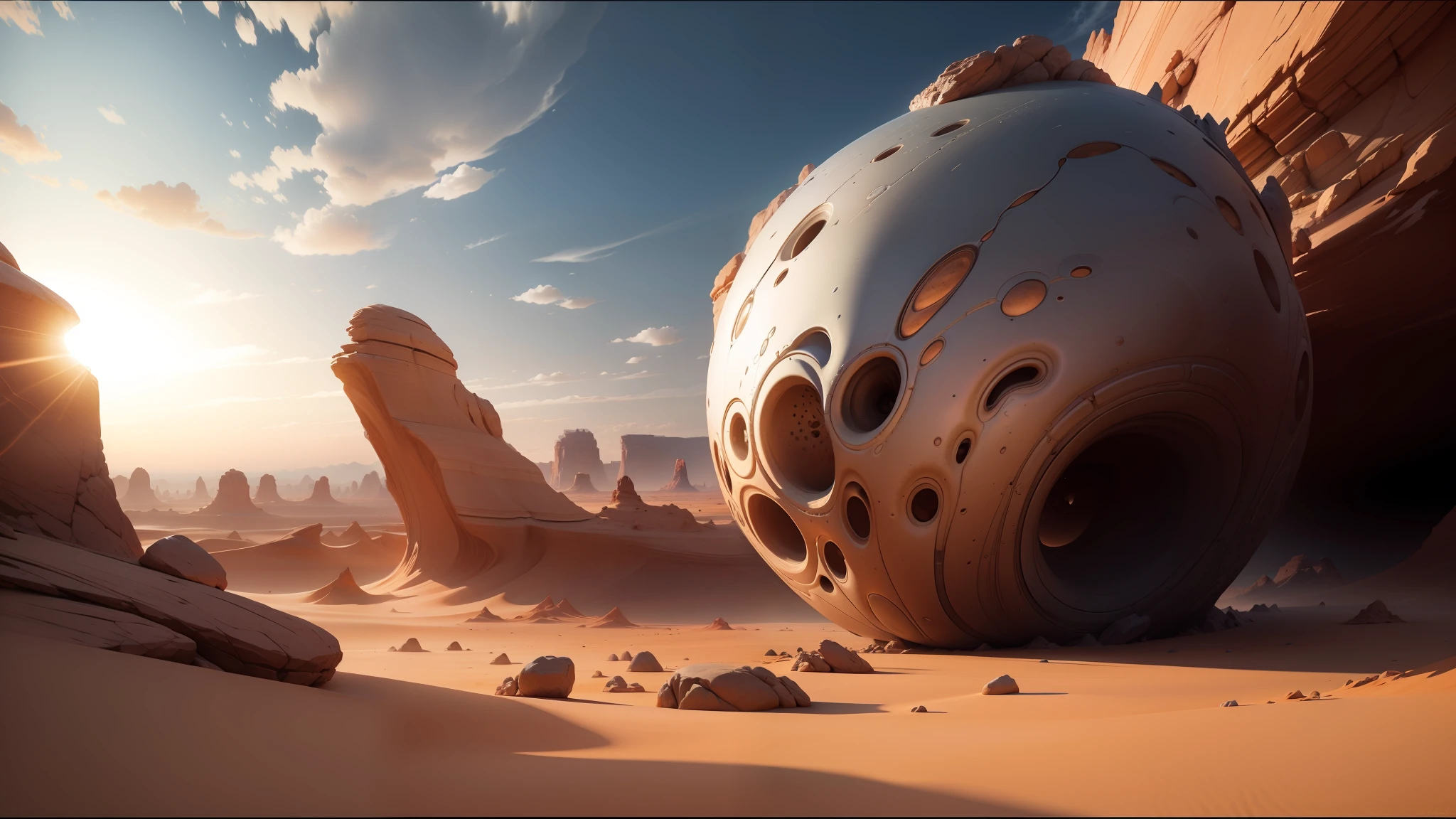 there is a large rock in the middle of a desert, rendered in 8 k unreal engine, marc adamus, freeform ferrofluids, sahara, the artist has used bright, unreal engine: .2, frame from pixar movie, scene from dune 2 0 2 1 movie, by Daren Bader, anamorphic widescreen, undulating nebulous clouds --auto --s2