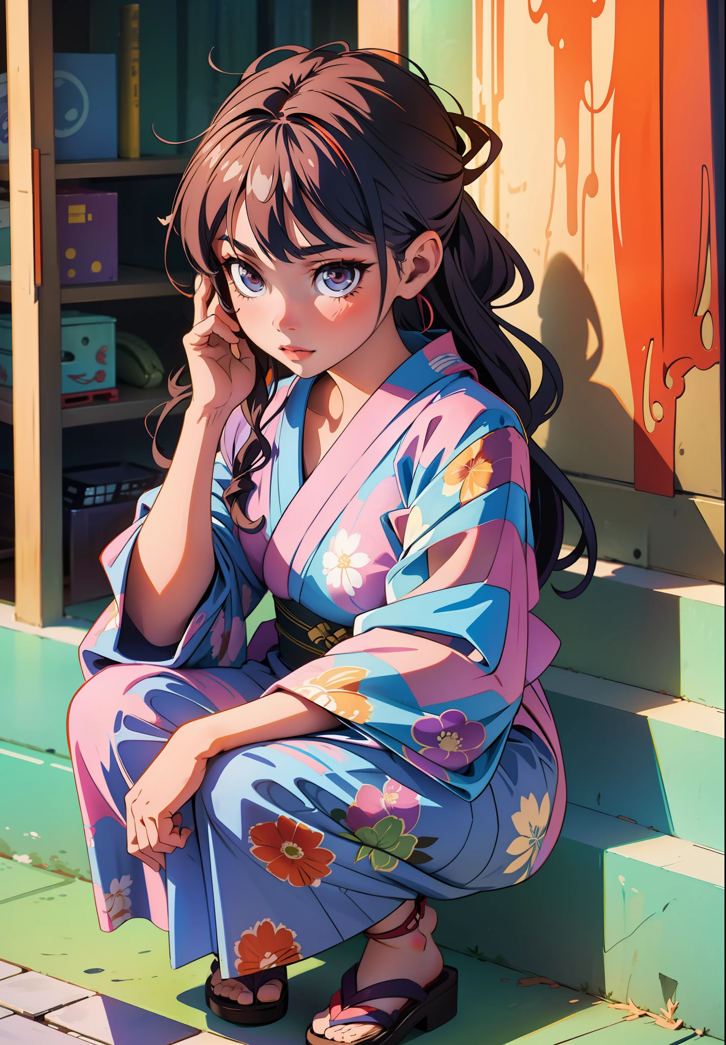 A beautiful girl wearing a yukata is crouching and touching her hair with one hand, looking at the camera, the yukata is peeling off,
