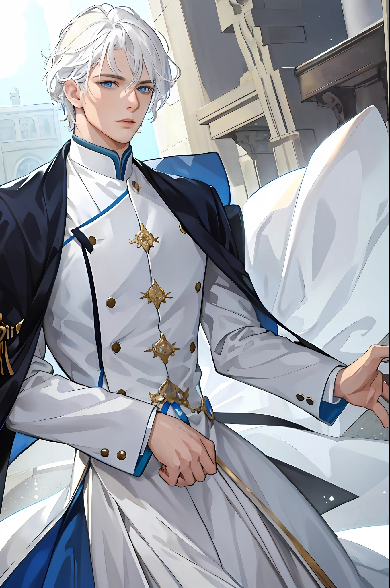 Masterpiece quality, best quality, extremely handsome young man, elegant, white hair, short wavy hair, closed mouth, anime, semi realistic, facing the camera, portait, blue eyes, extremely detail, uhd