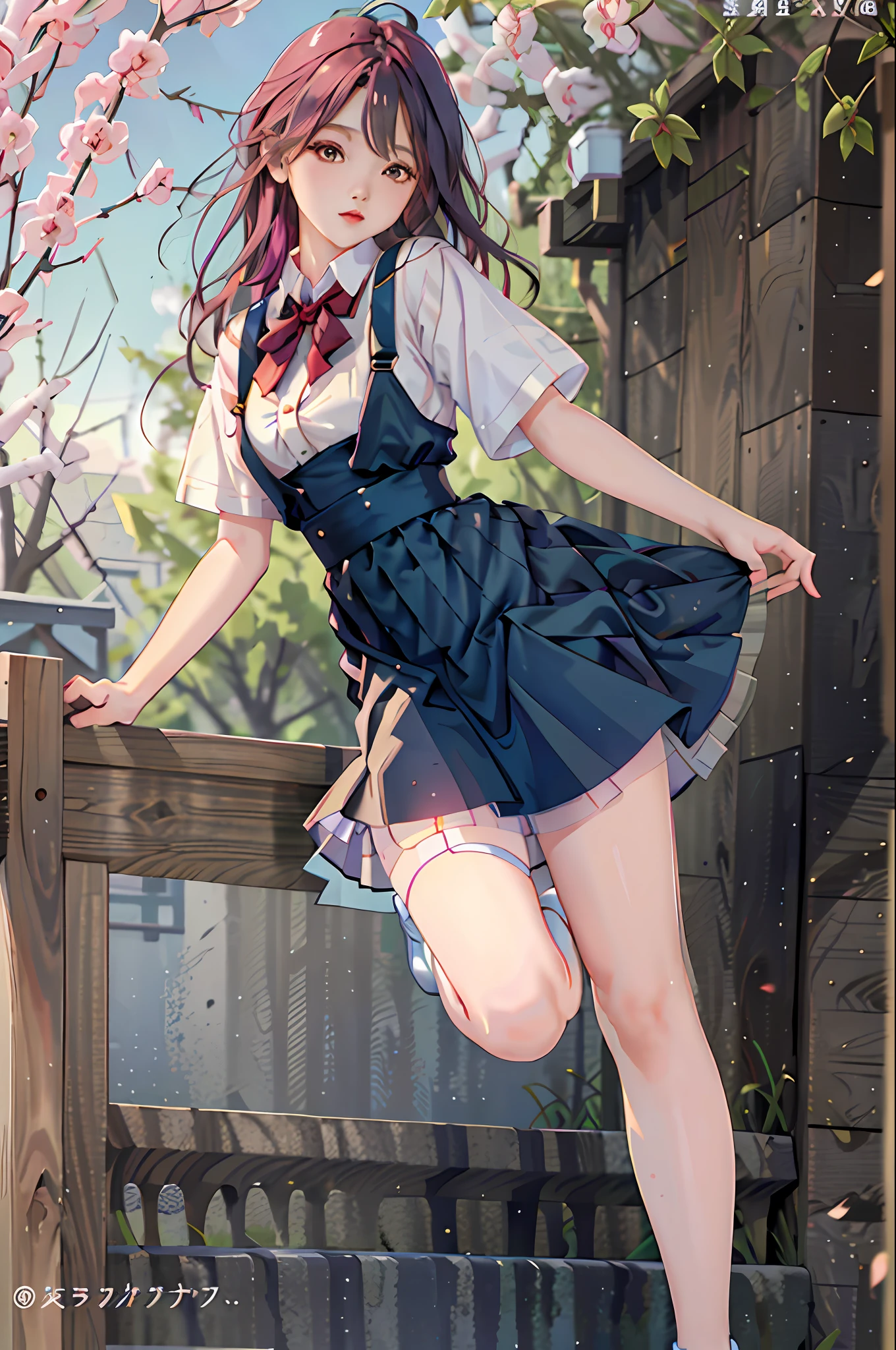 masterpiece, superlative, spring, colored hair, outdoors, magazine cover, transparent short skirt, stockings, suspenders, light tulle, wide hips, thin waist, short skirt, dress a little less