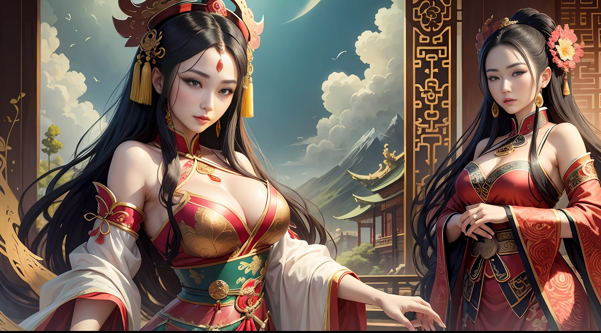 Yang Guifei was a beautiful woman during the Tang Dynasty in China, she has a beautiful face, her eyes are dreamlike, and her eyes are unforgettable. Her eyebrows are curved like a crescent moon, looking extremely kitsch, and under the willow leaf eyebrows, her fair skin looks even more delicate. Her figure is graceful and colorful, her jade waist is as thin as a bundle, her chest is bulging, her curves are graceful, and she is dressed in brocade clothes, which sets off her noble temperament. Yang Guifei not only has amazing beauty, but also has outstanding literary and artistic talent, she loves poetry and songs, and her works are widely popular. She has a gentle and virtuous personality, is deeply favored by Emperor Xuanzong of Tang, and is known as "the country and the city". --auto --s2