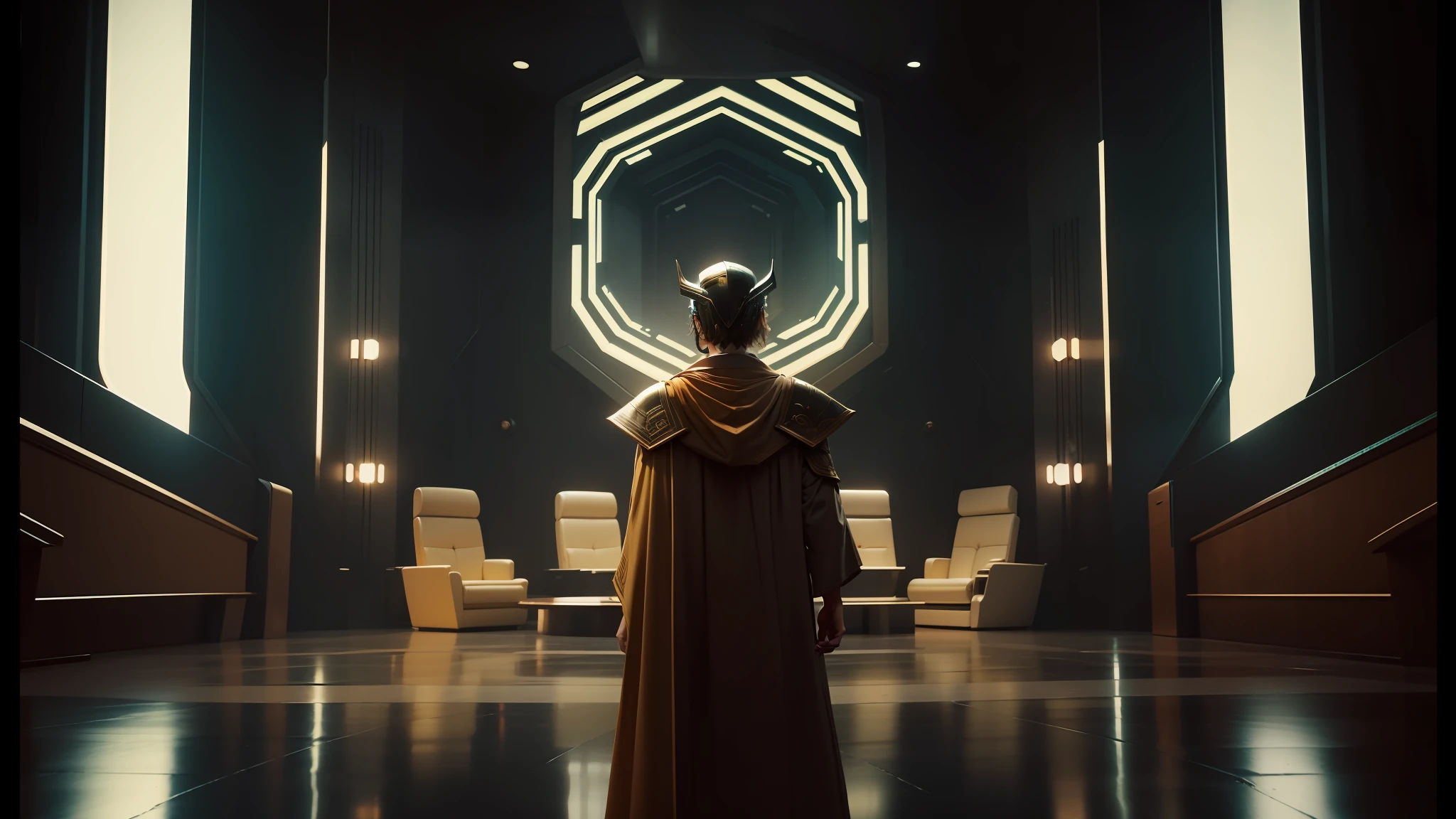 a closeup of a man in a robe standing in a room, loki, with retro sci-fi furniture, cinematic trailer, very symmetrical, inspired by Dave Kendall, boardroom, screenshot from the movie, worship, helmet, insignia --auto --s2