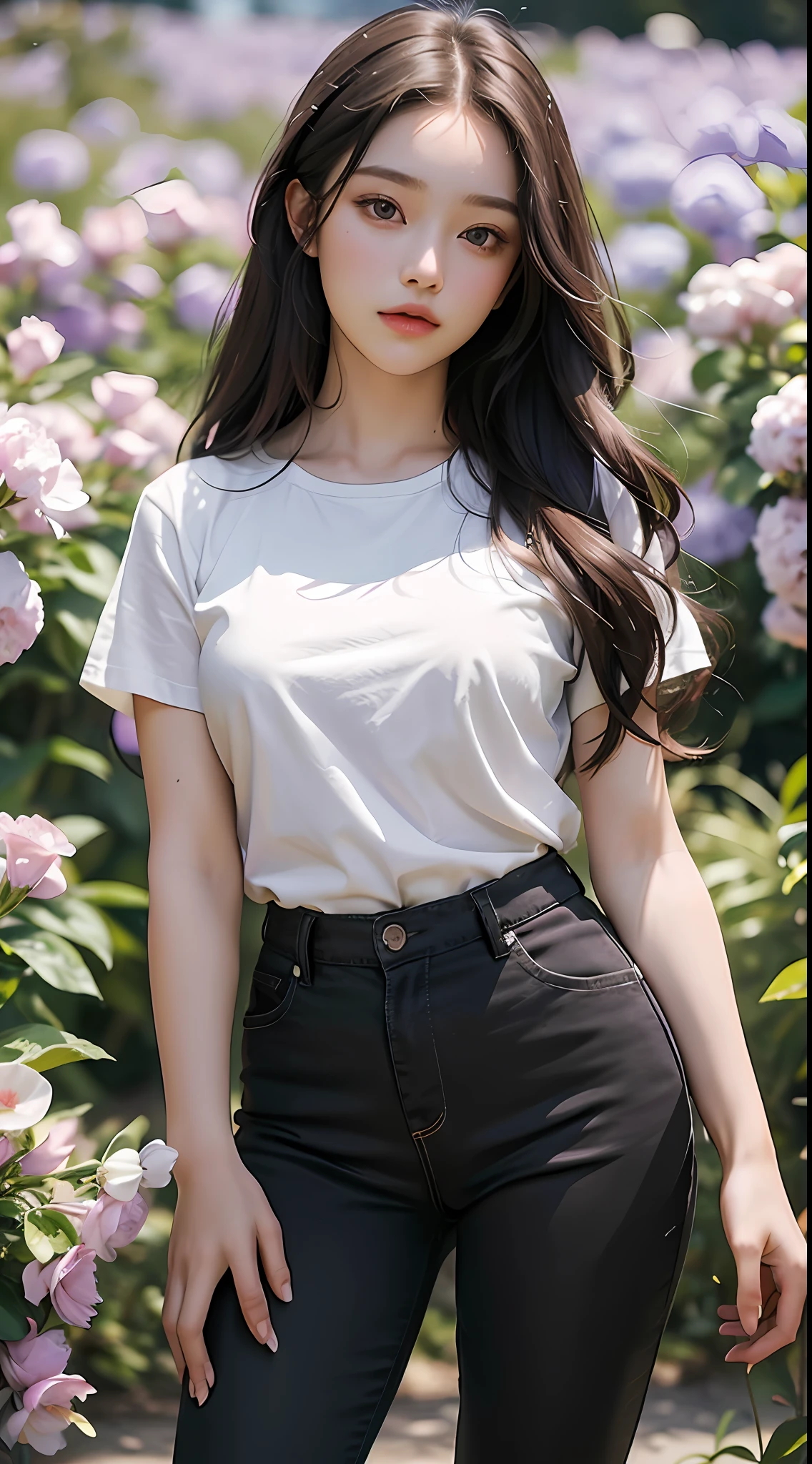 High quality, high definition, high quality painting, exquisite, clear and delicate picture, thick lines, brunette girl, 22 years old, portrait painting, half body, delicate body, no bangs, long hair slightly curly, three no attributes, gentle expression, slim figure, jewel eyes, dark gray eyes gradient light gray purple, hazy eyes, round eyes, big eyes, cute and beautiful, casual daily style, black tight cotton pants, T-shirt, standing in a sea of colorful flowers Sunny and full-body photo