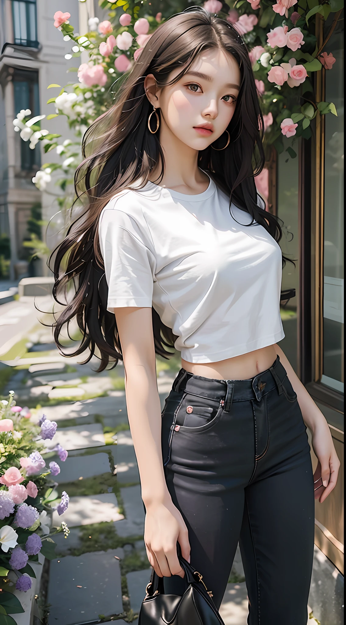 High quality, high definition, high quality painting, exquisite, clear and delicate picture, thick lines, brunette girl, 22 years old, portrait painting, half body, delicate body, no bangs, long hair slightly curly, three no attributes, gentle expression, slim figure, jewel eyes, dark gray eyes gradient light gray purple, hazy eyes, round eyes, big eyes, cute and beautiful, casual daily style, black tight cotton pants, T-shirt, standing in a sea of colorful flowers Sunny and full-body photo