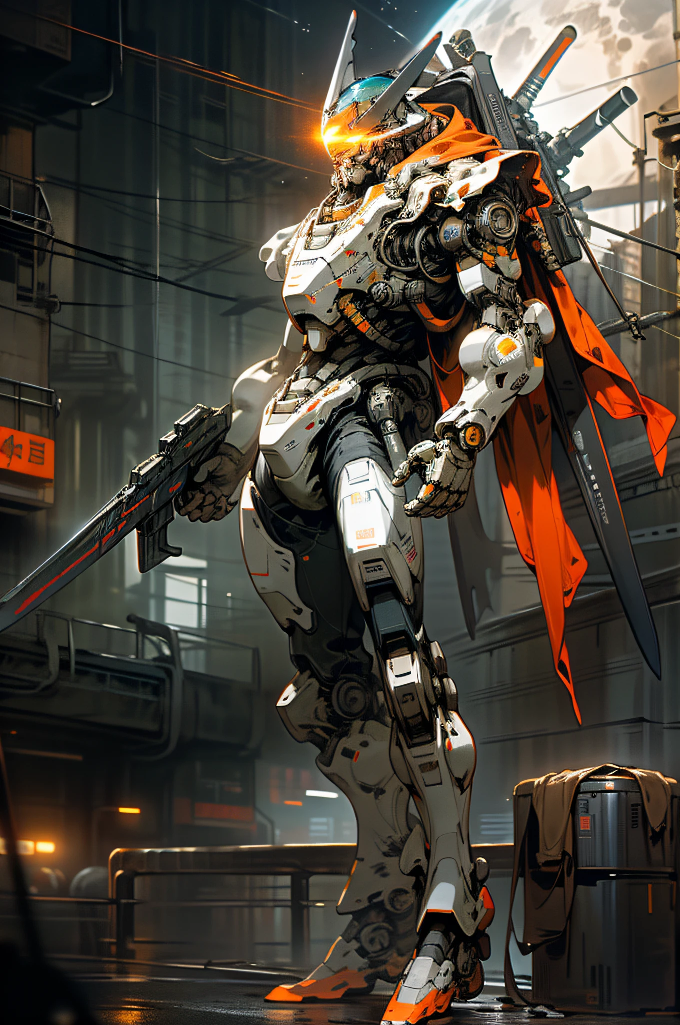On the moon,barren planets, ruins, holding_weapon, no_humans, glowing, robot, building, glowing_eyes,orange mecha, science_fiction, city, realistic,mecha,Milky Way Galaxy background,full body,neon,cyberpunk,