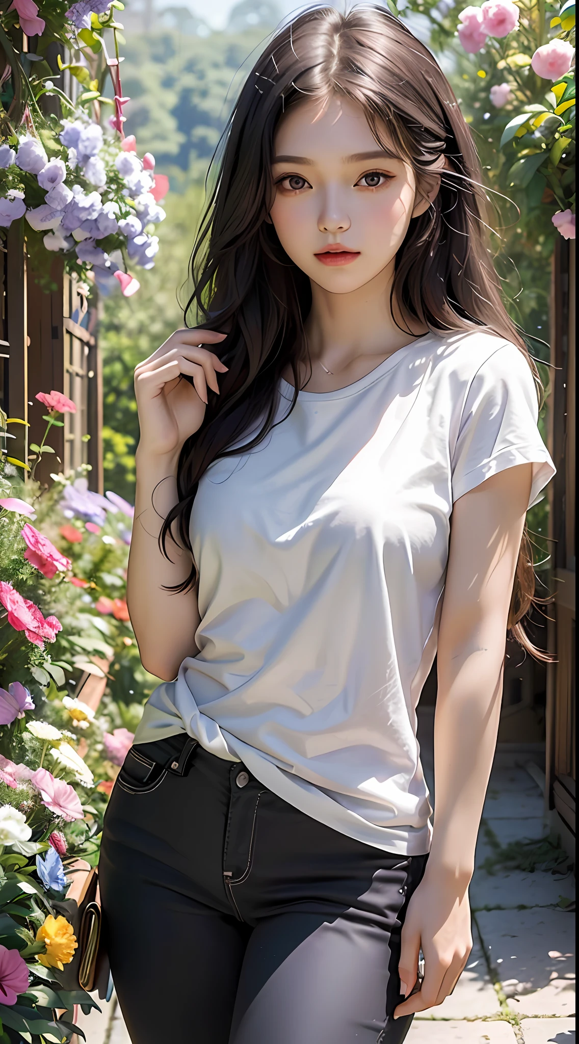 High quality, high definition, high quality painting, exquisite, clear and delicate picture, thick lines, brunette girl, 22 years old, portrait painting, half body, delicate body, no bangs, long hair slightly curly, three no attributes, gentle expression, slim figure, jewel eyes, dark gray eyes gradient light gray purple, hazy eyes, round eyes, big eyes, cute and beautiful, casual daily style, black tight cotton pants, T-shirt, standing in a sea of colorful flowers Sunny and full-body photo