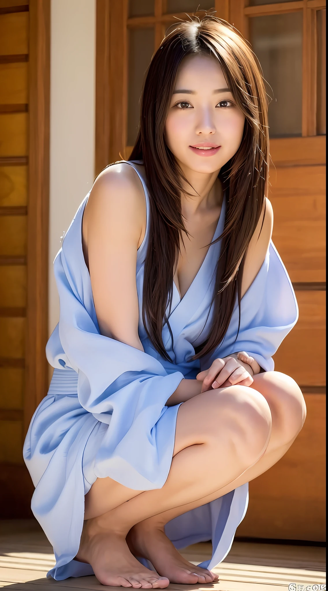 ((Best Quality, 8K, Masterpiece: 1.3)), 1 Girl, Plump Abs Beauties: 1.3, Full Body, (Long Hair, Big Hair: 1.2), Oversized Tank Top: 1.2, Super Delicate Face, Delicate Eyes, Double Eyelids, Smile, Home, Random Color Clothes, Squatting Cowgirl, , Gonzo, Skinny, Erotic, Sexy, Japan Idol Average Face, NSFW, Naked, Yukata