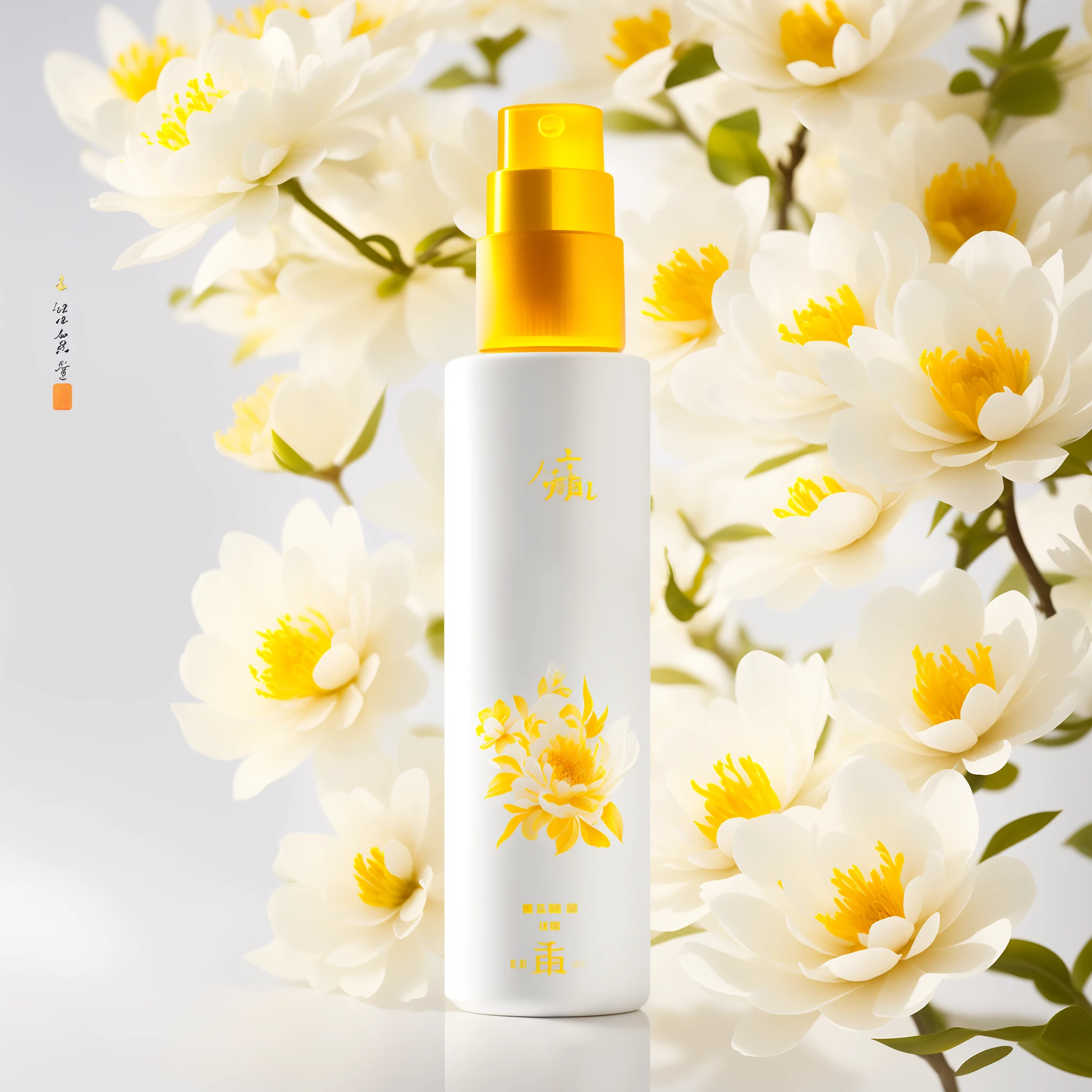 A white bottle, yellow flowers, skin care brand photo, masterpiece, highest detail, real flower, inspired by Luo Mu, inspired by Ma Yuanyu, inspired by Zhiding, inspired by Xiao Yuncong, Jia, inspired by Qiu Ying, author: Qu Leilei, skin care brand photo, inspired by Huang Ji, Lu Ji, Zhong Yuan Festival, inspired by Cao Zhibai