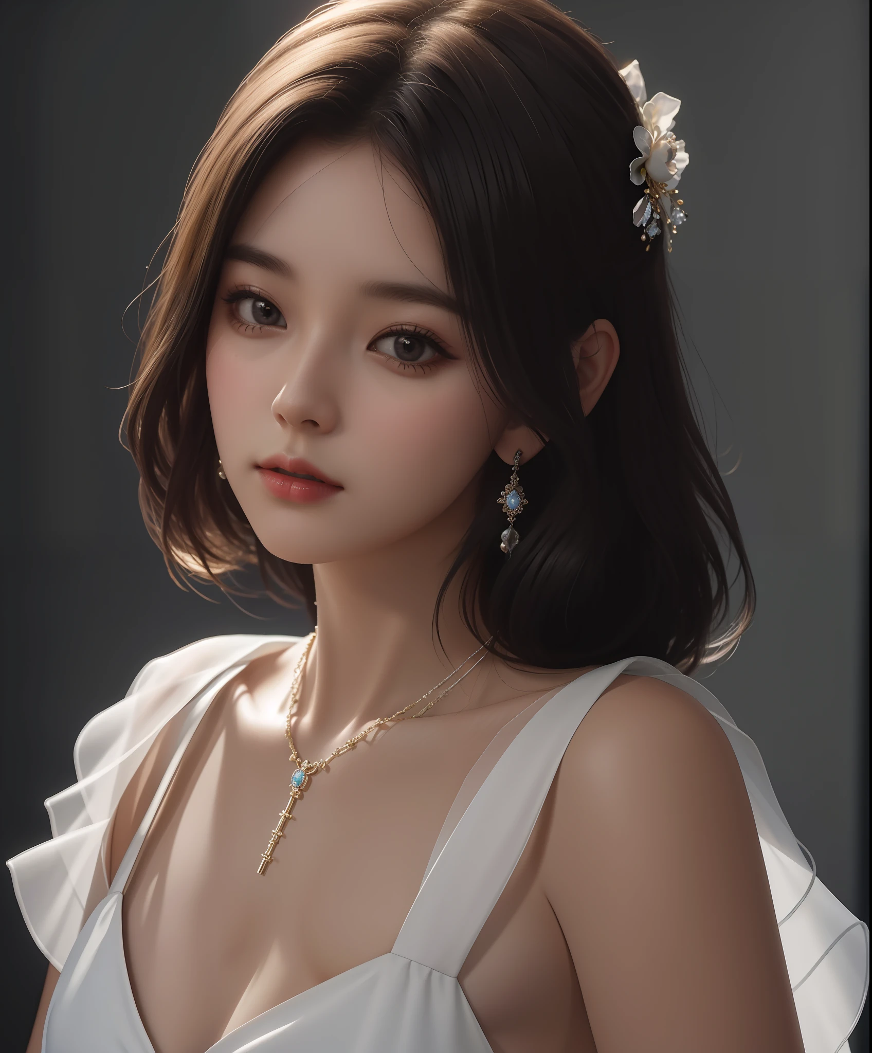 Best Quality, Masterpiece, High Resolution, 1Girl, Porcelain Dress, Hair Accessories, Necklace, Jewelry, Beautiful Face, Body, Tyndall Effect, Realism, Dark Studio, Edge Lighting, Two-tone Lighting, (High Detail Skin: 1.2), 8K UHD, DSLR, Soft Light, High Quality, Volumetric Light, Voyeur, Photo, High Resolution, 4K, 8K, Background Blur, Eyes Blurring, Oversized Bust