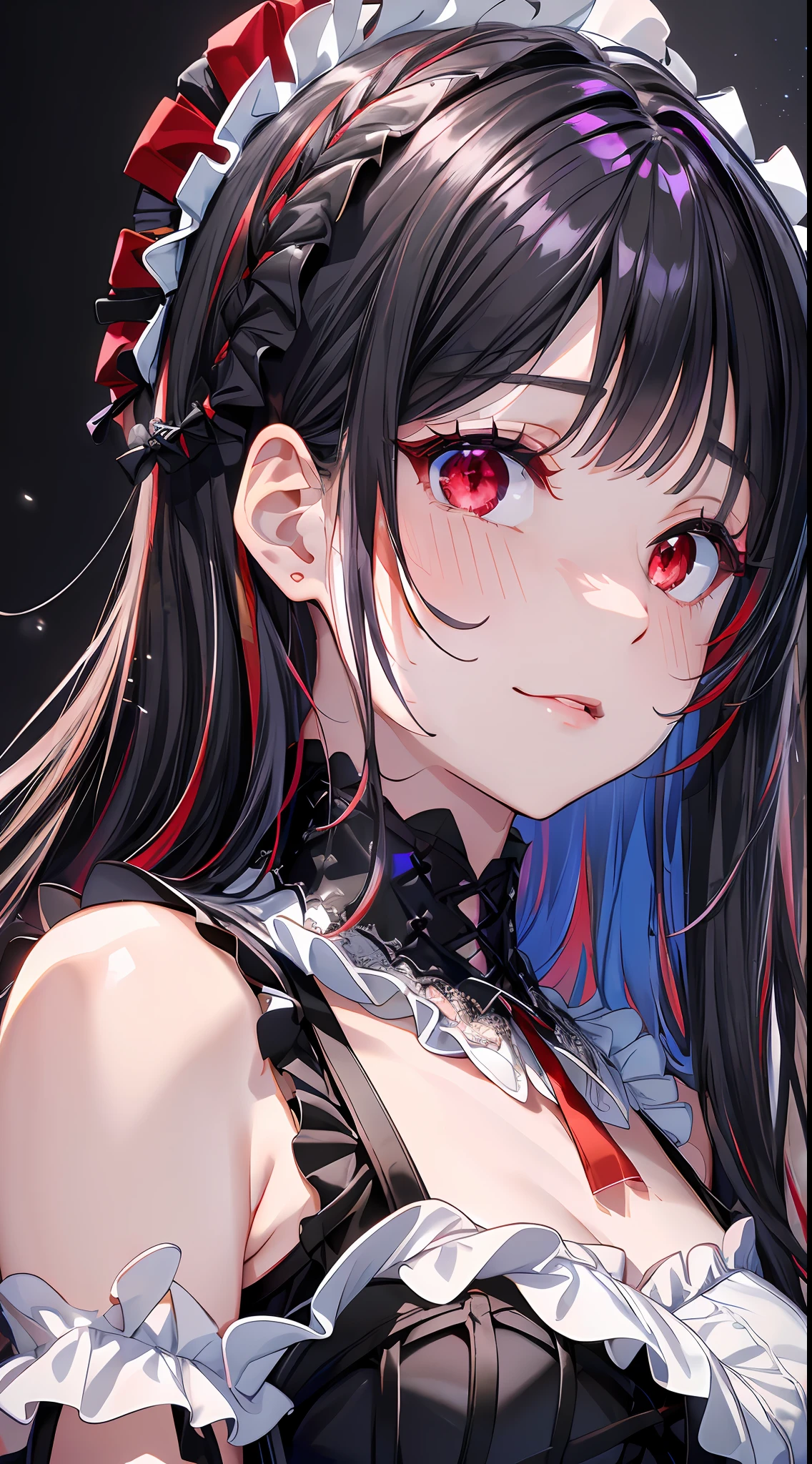 idol, masterpiece, best quality, beautiful face, absurdres, HDR, (cowboy shot, white frill lace mini dress, white collar, white frill cuff, particles:1.5), dynamic pose, (bloom, glow:1.4), (fight hard, smile:1.0), (red colored inner hair, purplish red eyes:1.7), sharp focus, photorealistic, highres, highest detailed, ultra detailed, detailed face and eyes, sharp pupils, realistic pupils, sharp focus, shiny skin, (black long hair, black corset:1.6), (dark studio, dark background:1.5), rim lighting, dynamic and cinematic lighting