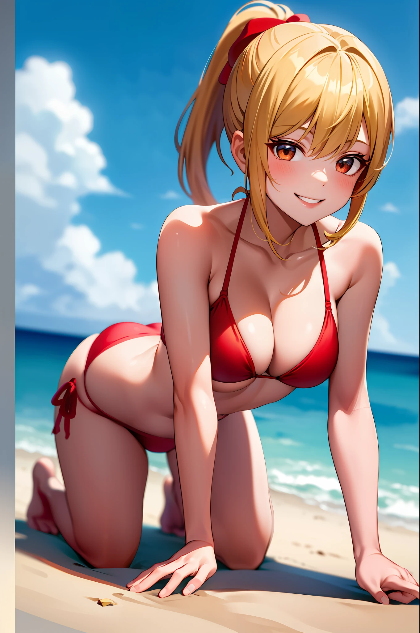 ((masterpiece)), best quality, ultra detailed,(1girl), blonde ponytail, (red bikini), ((all fours position)), smiling