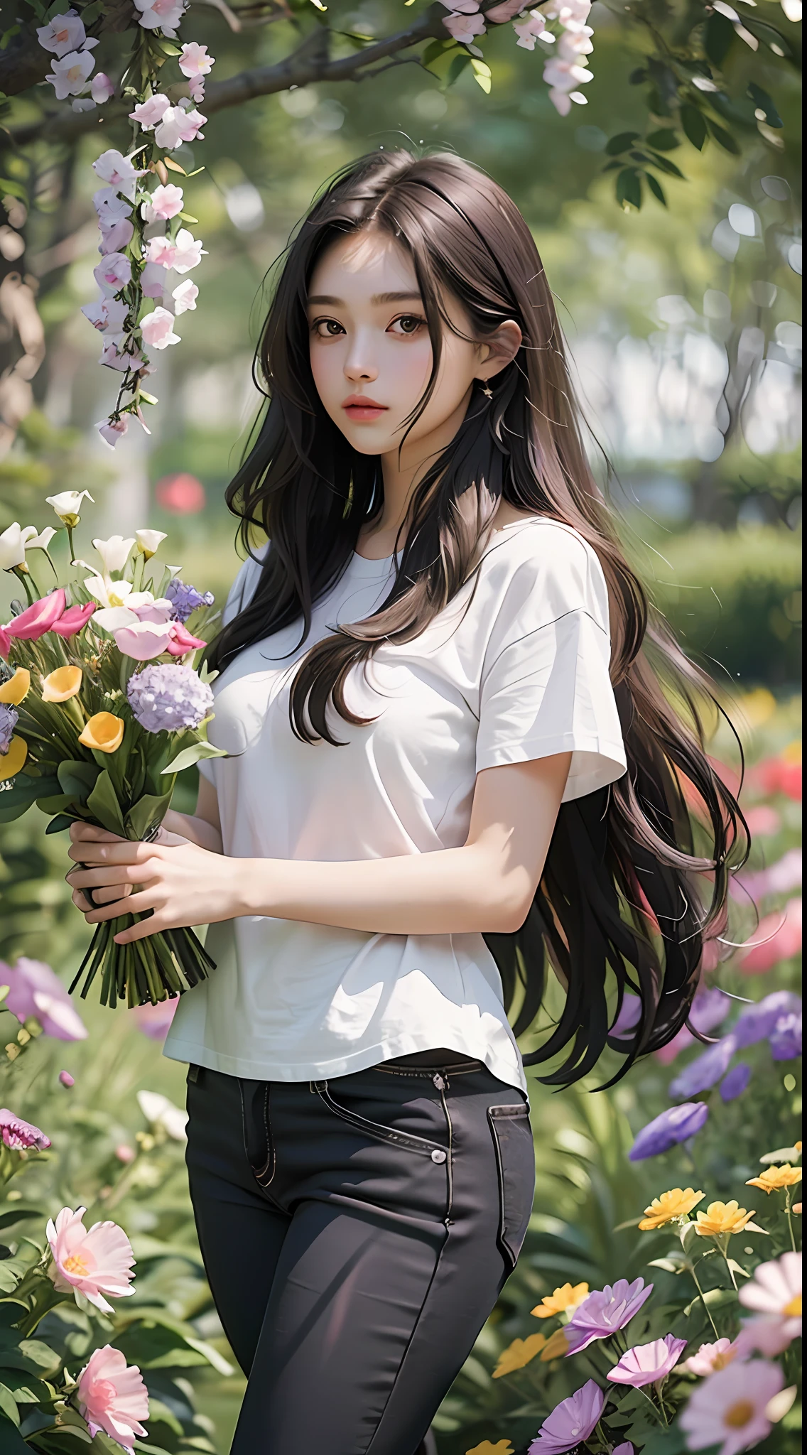 High quality, high definition, high quality painting, exquisite, clear and delicate picture, thick lines, brunette girl, 22 years old, portrait painting, half-body, petite body, no bangs, long hair slightly curly, three no attributes, gentle expression, slim figure, jewel eyes, dark gray eyes gradient light gray purple, hazy eyes, round eyes, big eyes, cute and beautiful, casual daily style, black tight cotton pants, T-shirt, standing in a sea of colorful flowers Sunny and bright, full body photo, holding flowers