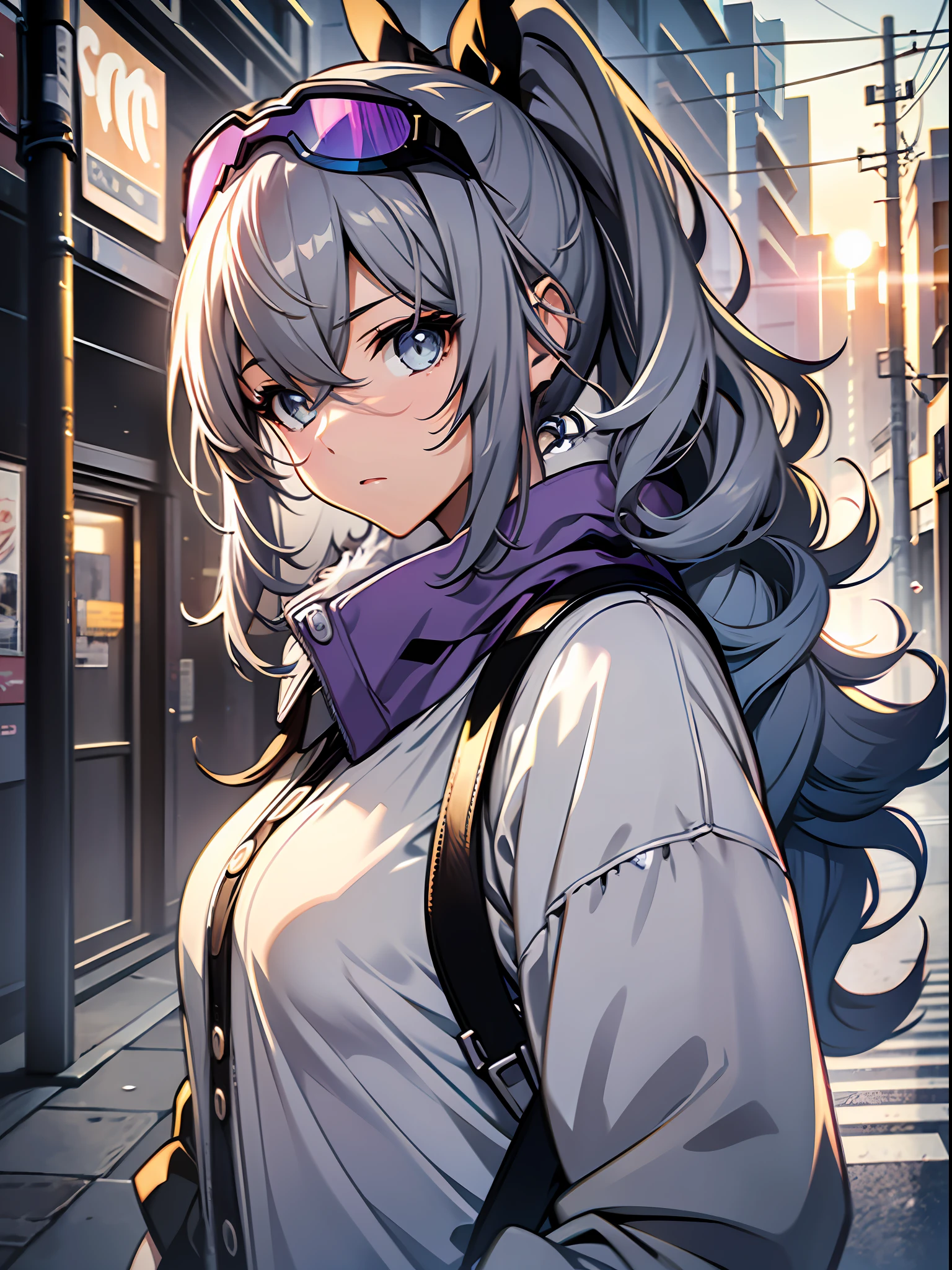 Exquisite masterpiece, best quality, illustration style, an anime girl with a curly ponytail, bangs pinned black hairpin, gray beautiful eyes, casual style, blue-purple gradient goggles, small, heartwarming, youthful and beautiful, gray hair, presenting a natural casual style. The dynamic posture contains the golden section, large aperture portrait, white screen, strong contrast between light and shadow, super texture, super clear and concise picture, presenting extremely beautiful, elegant temperament, delicate facial expression, dusk sunlight spilling from the window, street shooting