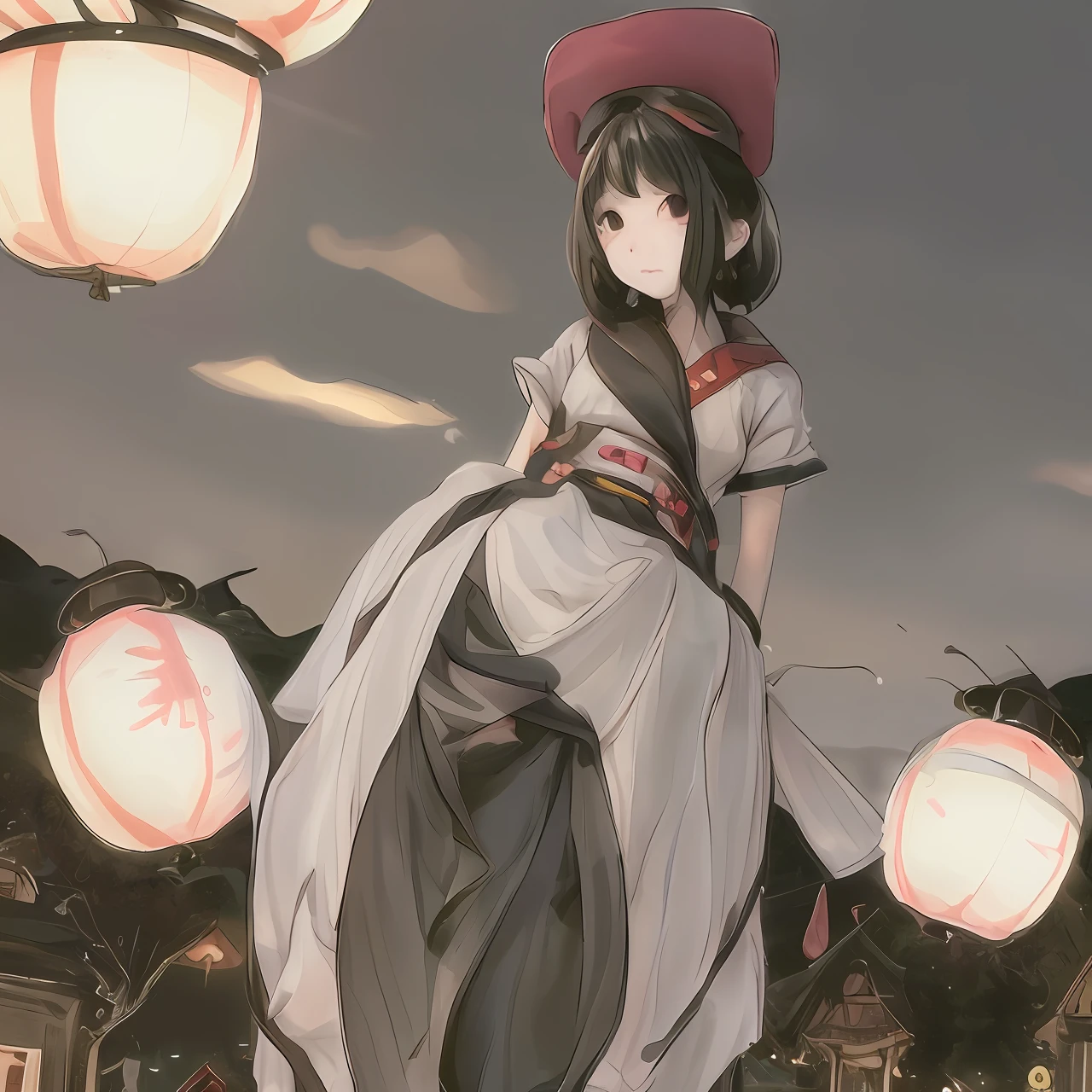masterpiece,1girl,solo,black hair,underboob, hat, light_smile, ofuda, china dress, crossed arms, full body, outdoors, hanging lantern, night, higashi setsuna,
