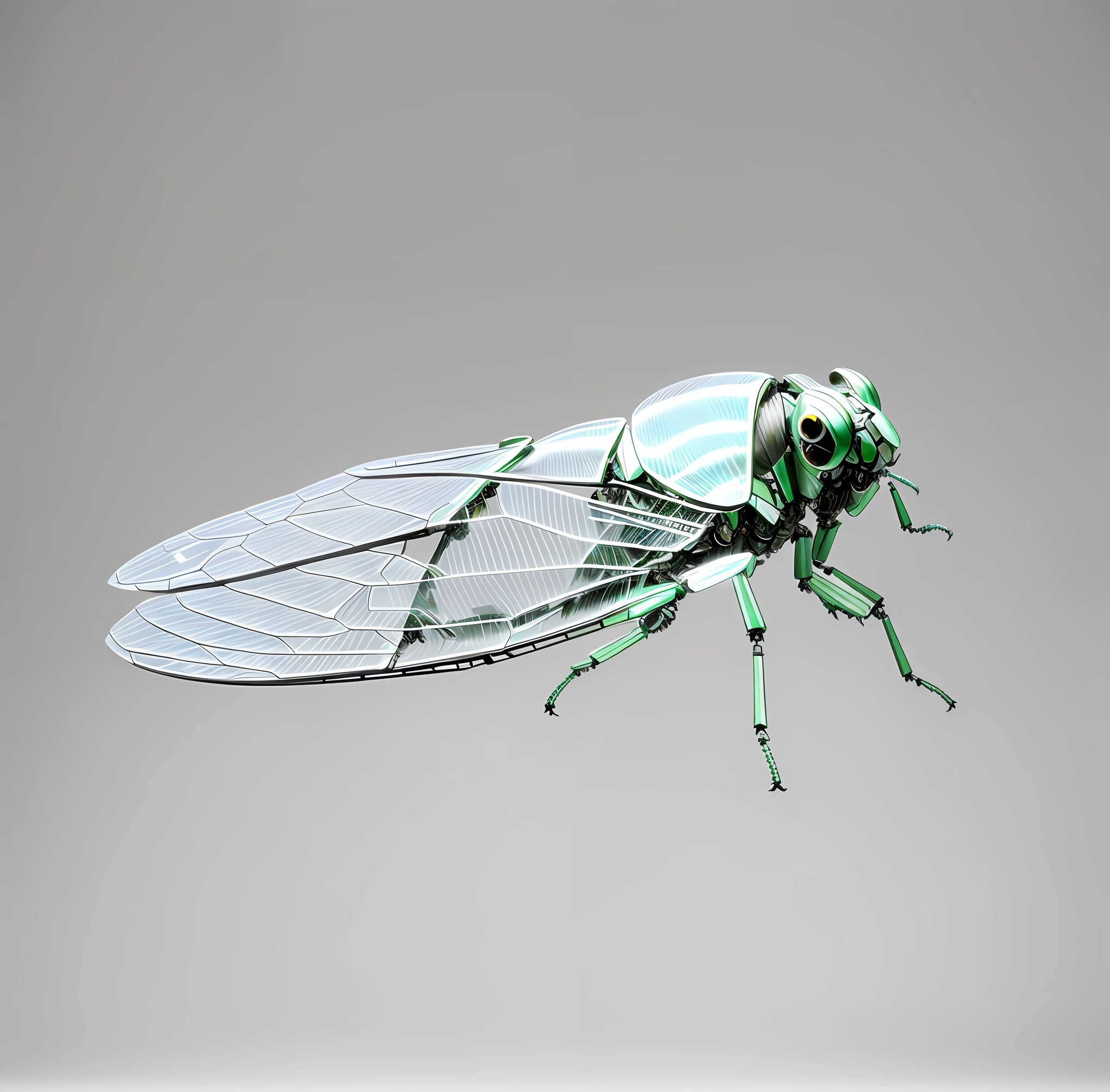 Cicada wings, insect-like, insect, forearm folded, giant bug, dvMech, mecha, mechanical body, transparent wings. 85mm, f1.8, robot style, smooth black ceramic, pure white background,