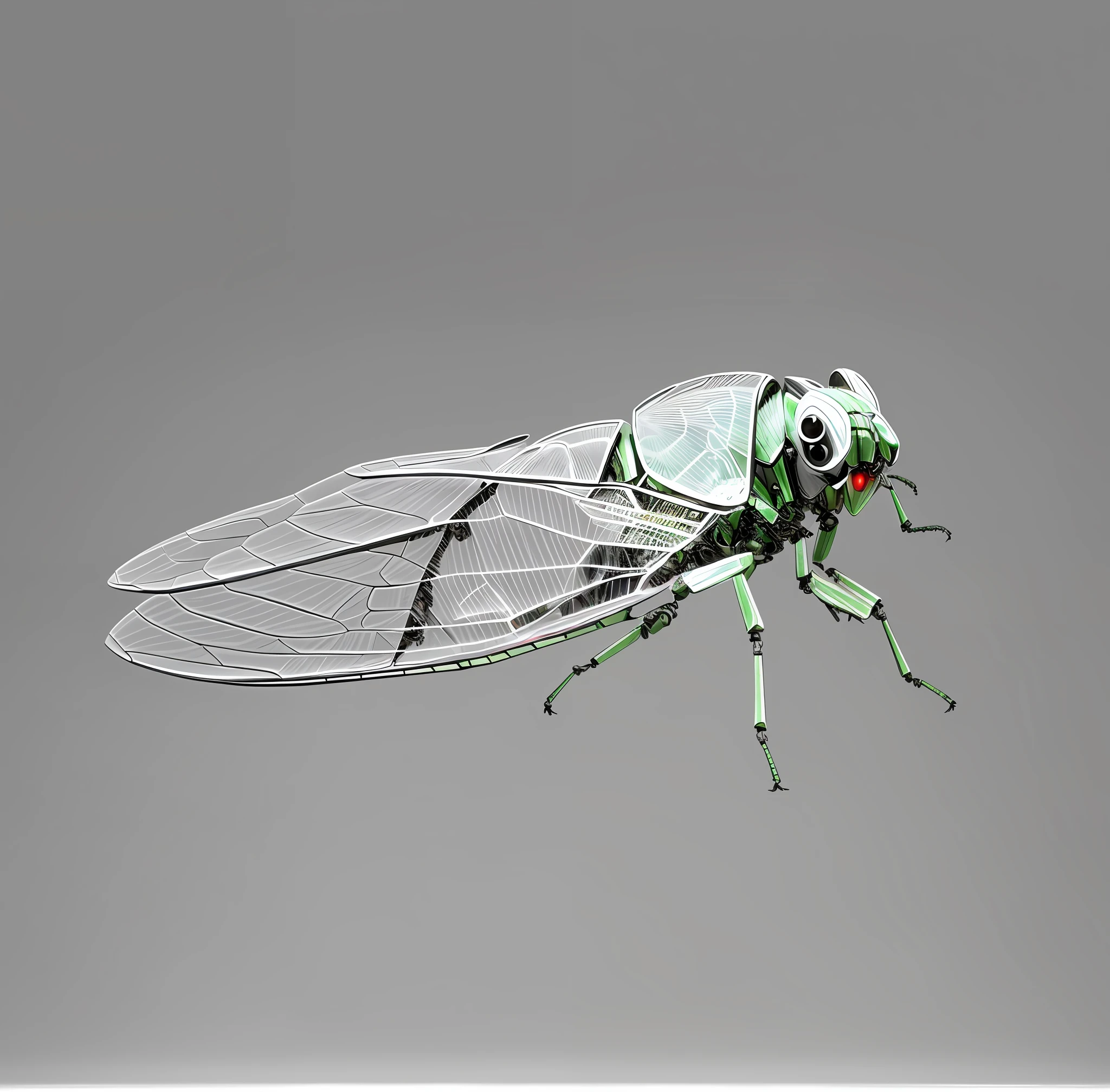 Cicada wings, insect-like, insect, forearm folded, giant bug, dvMech, mecha, mechanical body, transparent wings. 85mm, f1.8, robot style, smooth black ceramic, pure white background,