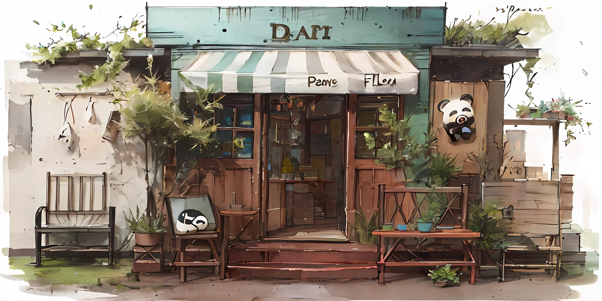 panda ,flower, no_humans, window, chair, table, plant, scenery, door, potted_plant, stool, vase, flower_pot, cafe, cutebuild style