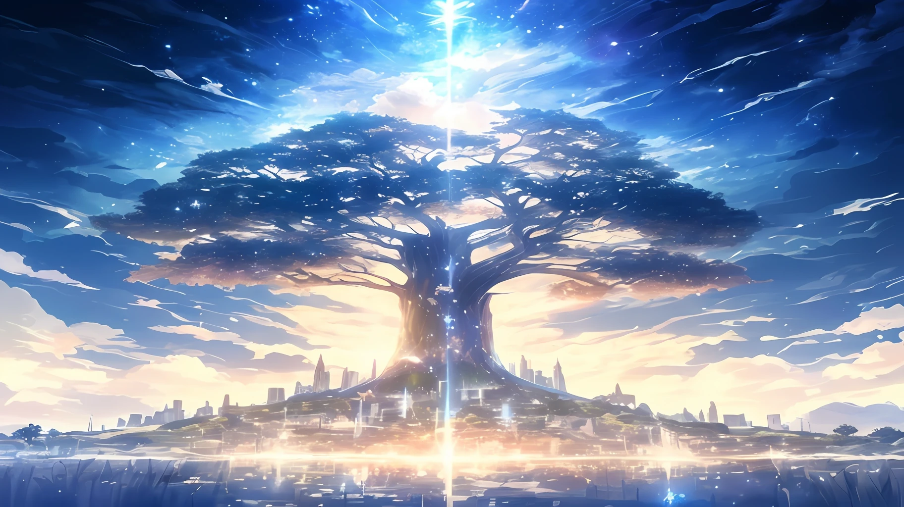 (A Star: 1.2), Quiet Woods, Huge World Tree, Lifelike Magic Tree, (Fantasy atmosphere), (Anime Epic Art Works, Anime Background Art, Anime Fantasy Artworks), Beautiful and Peaceful Peace Scenes, 2.5D CGI Anime Fantasy Artwork, 340:220 (W:H) Anime Art Wallpaper, Clear Rendering, Magnificent Colors, Feel the Ethereal Far Side Through the Light Spots Between the Branches and Leaves.