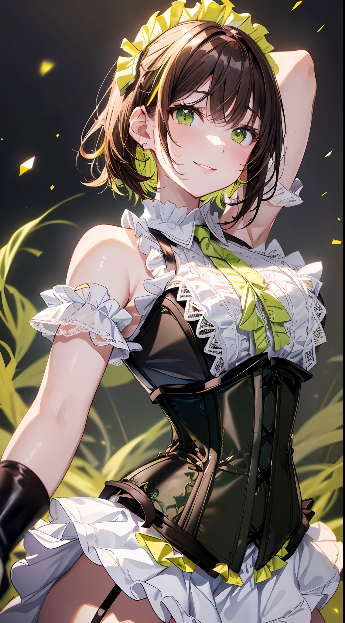 idol, masterpiece, best quality, beautiful face, absurdres, HDR, (cowboy shot, white frill lace mini dress, white collar, white frill cuff, particles:1.5), dynamic pose, (bloom, glow:1.4), (smile:1.2), (yellow colored inner hair, green eyes:1.6), sharp focus, photorealistic, highres, highest detailed, ultra detailed, detailed face and eyes, sharp pupils, realistic pupils, sharp focus, shiny skin, (dark brown short hair, black corset:1.5), (dark studio, dark background:1.5), rim lighting, dynamic and cinematic lighting