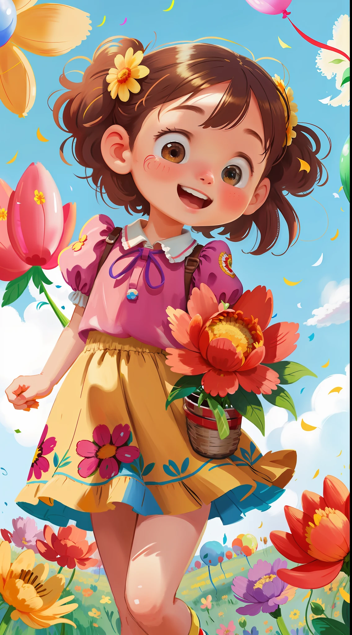 A girl holding flowers, colorful balloons floating in the sky, meadow, dancing, holding flowers, happy, happy, perfect quality, clear focus (clutter-home: 0.8), (masterpiece: 1.2) (Realistic: 1.2) (Bokeh) (Best quality) (Detailed skin: 1.3) (Intricate details) (8K) (Detail Eyes) (Sharp Focus), (Happy)