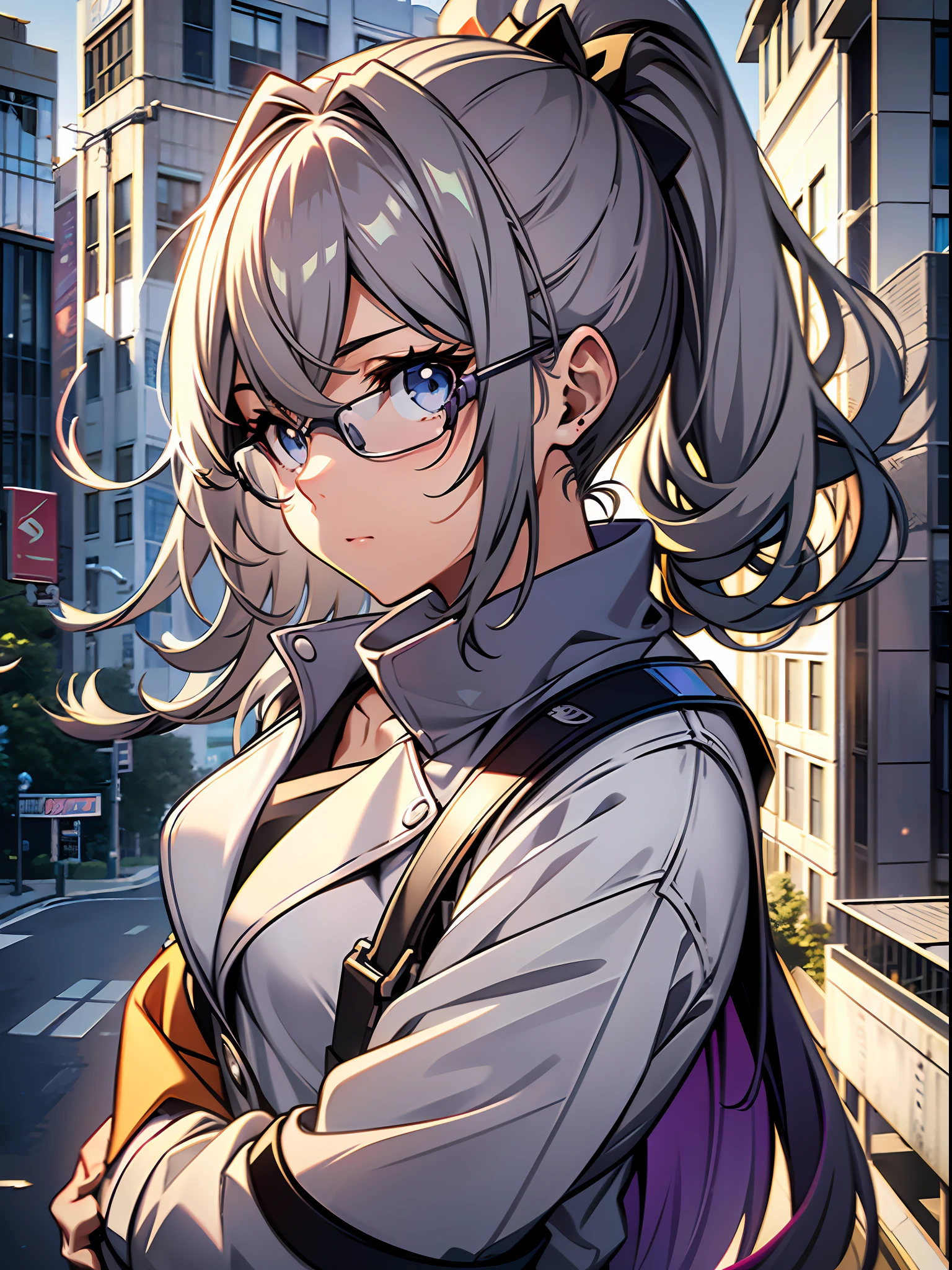 Exquisite masterpiece, best quality, illustration style, an anime girl with a curly ponytail, bangs pinned black hairpin, gray beautiful eyes, casual style, blue-purple gradient goggles, small, heartwarming, youthful and beautiful, gray hair, presenting a natural casual style. The dynamic posture contains the golden section, large aperture portrait, white screen, strong contrast between light and shadow, super texture, super clear and concise picture, presenting extremely beautiful, elegant temperament, delicate facial expression, dusk sunlight spilling from the window, street shooting