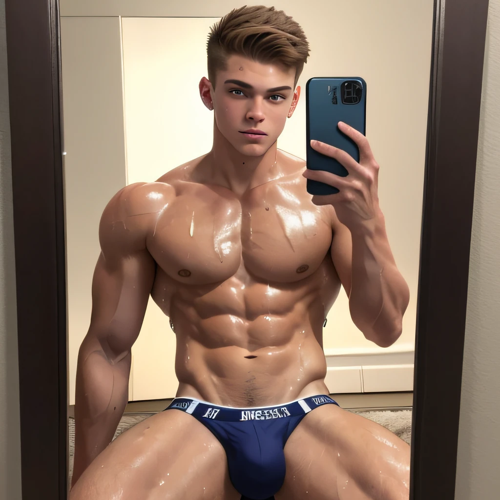 masterpiece, best quality, ultra detailed, realistic, sfw, 1boy, an attractive 18 years old fit caucasian boy sitting in front of a mirror taking selfie, flexing pose, ((sweat)), shirtless, wearing tight jockstrap, big bulge, vpl, smug, full body shot,