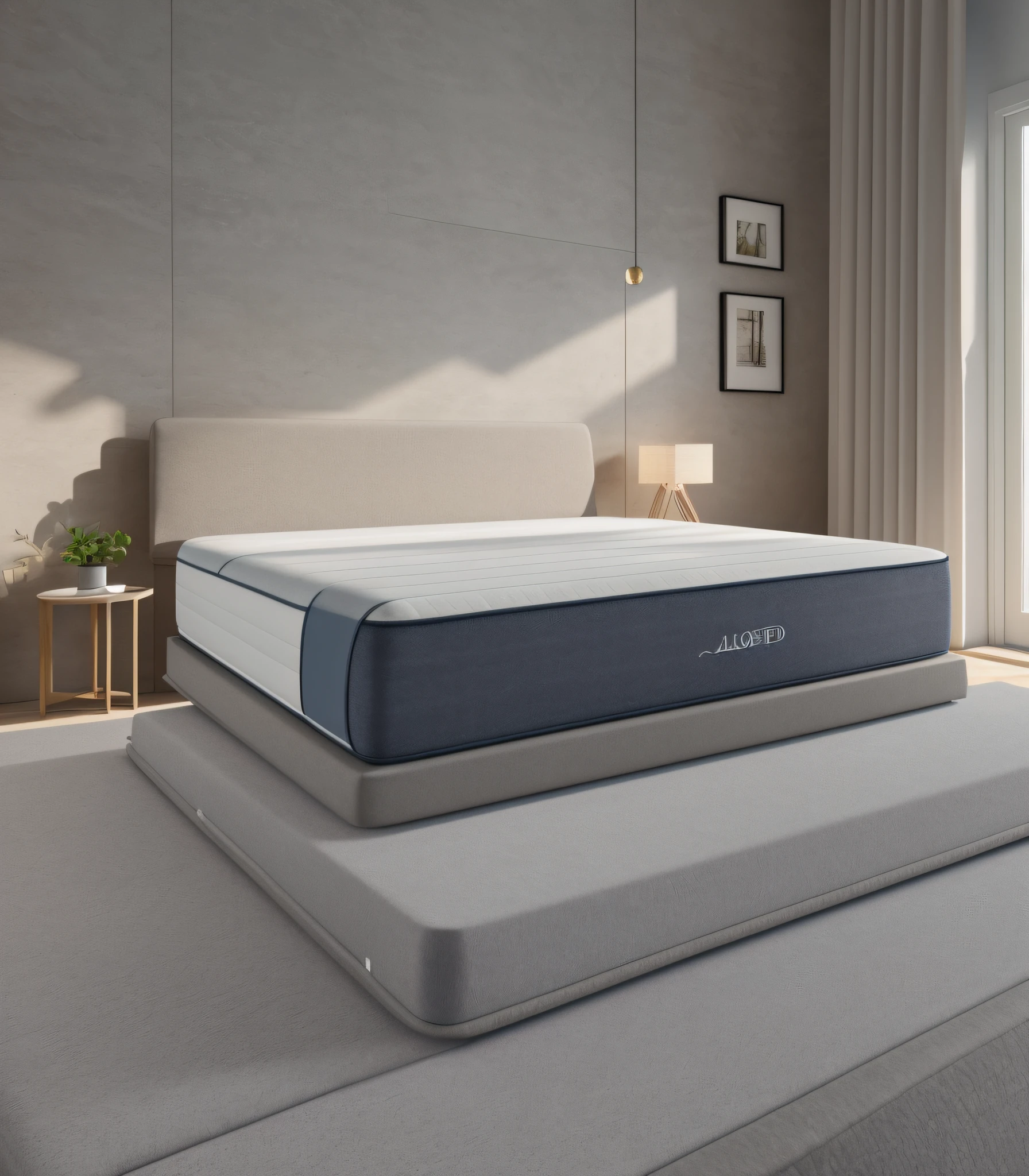 Alafeld mattress, product display, oblique view, 3d product rendering, home scene, natural light, realism, high quality, 8K, very real, product photography