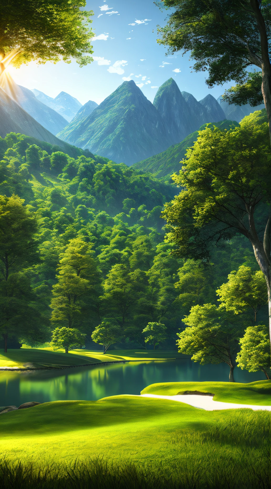 A peaceful place, very pleasant, beautiful, calm and scenic. Realistic, 8K UHD, studio quality, ultra-realistic, maximum detail, massive scale, post-processing, photorealistic, photorealistic, photoshop, photography, detailed, cinematic lighting, landscape, panorama, landscape, ray tracing