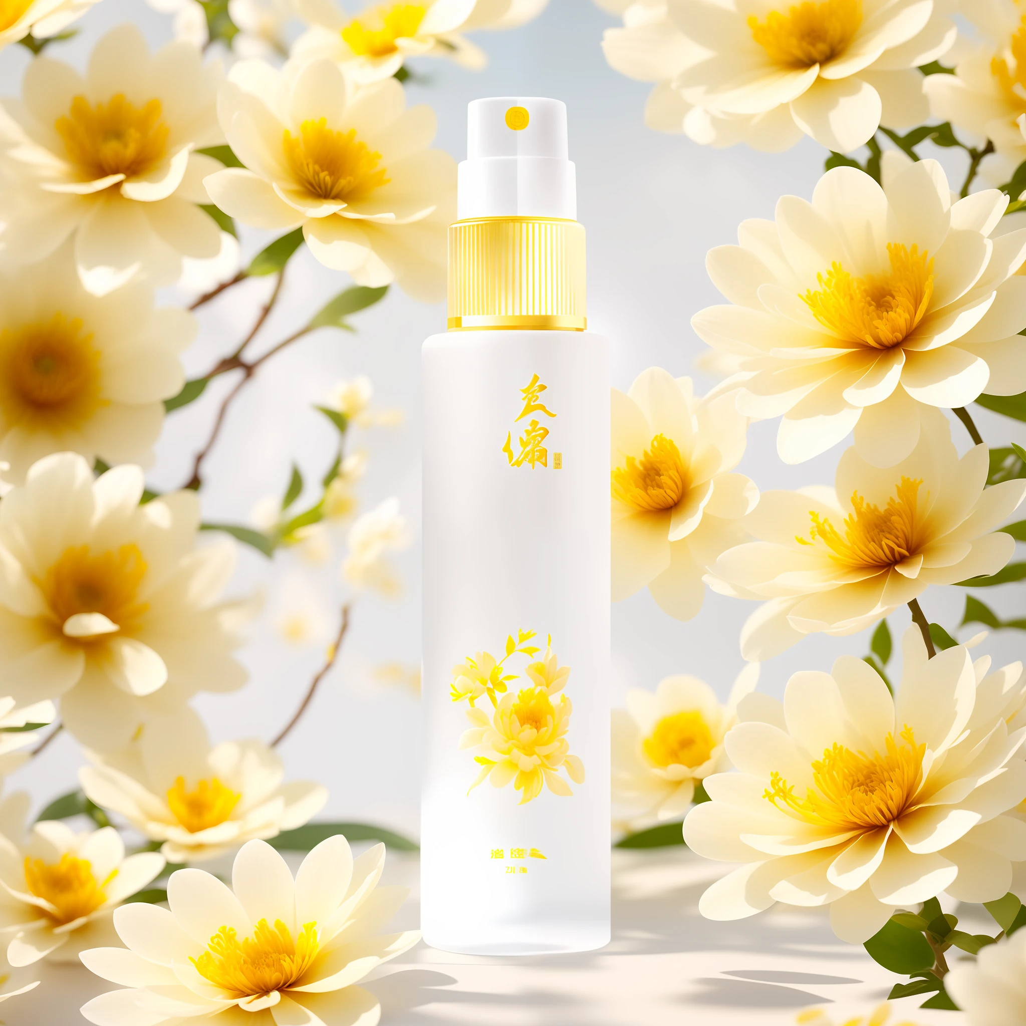A white bottle, yellow flowers, skin care brand photo, masterpiece, highest detail, real flower, inspired by Luo Mu, inspired by Ma Yuanyu, inspired by Zhiding, inspired by Xiao Yuncong, Jia, inspired by Qiu Ying, author: Qu Leilei, skin care brand photo, inspired by Huang Ji, Lu Ji, Zhong Yuan Festival, inspired by Cao Zhibai