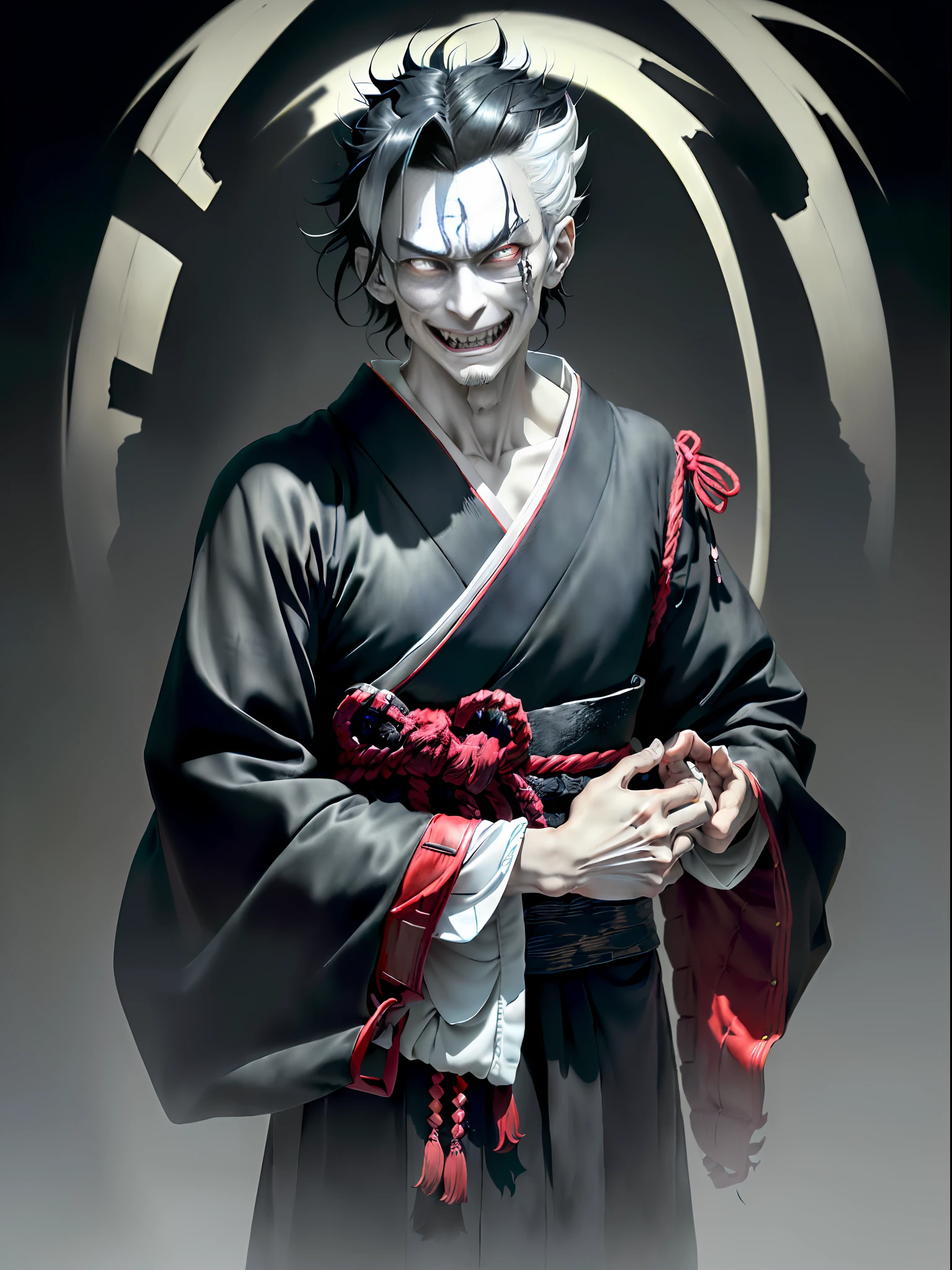 ((highest quality, masterpiece, 4k, finely detailed, detailed eyes, detailed face, gelbooru, pixiv)), warm lighting, ((solo)), 1 male, handsome, male, adult male, closeup face, ((black hair on chin)), portrait, smiling with fangs, looking at the viewer, ((lazy eyes, semi-eyelids, tired eyes, ((lifeless eyes)), wearing feudal Japanese clothes, standing, scary and sinister appearance. Their skin is pale and almost translucent, with dark veins visible all over their body. His eyes are completely white, with no irises or pupils, conveying a blank and menacing look. He has a wide mouth full of sharp teeth, which extends from ear to ear, creating a disturbing smile. Her hair is black and disheveled, falling over her face in a disheveled fashion.
Hikari no Oni has a lean, slender body with long limbs and claw-sharp fingers. He wears dark, torn clothes, adding a somber air to his appearance. Their presence is intimidating and conveys a sense of imminent danger.
In short, Hikari no Oni has a creepy masculine appearance, with pale skin, white eyes, and a menacing smile. Her black hair and torn clothes complete her dark and sinister image.
