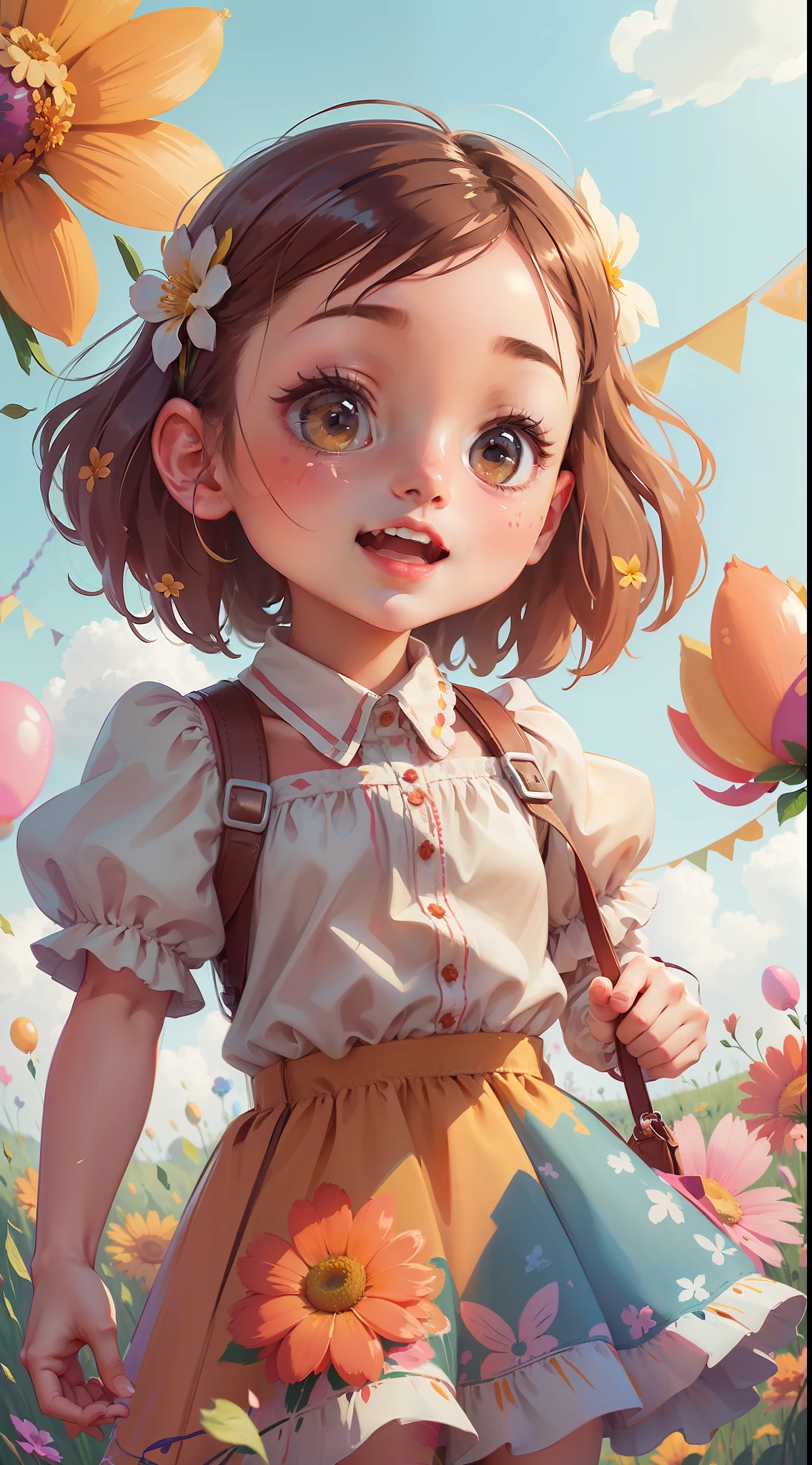A girl holding flowers, colorful balloons floating in the sky, meadow, dancing, holding flowers, happy, happy, perfect quality, clear focus (clutter-home: 0.8), (masterpiece: 1.2) (Realistic: 1.2) (Bokeh) (Best quality) (Detailed skin: 1.3) (Intricate details) (8K) (Detail Eyes) (Sharp Focus), (Happy)