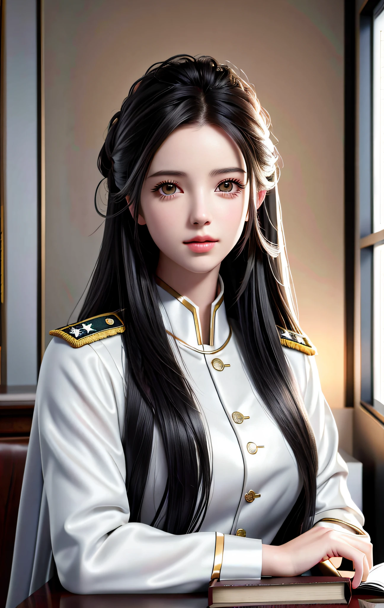 Beautiful face, Tyndall effect, realistic photos, edge lighting, (high detail skin: 1.2), 8k uhd, DSLR, soft light, high quality, volumetric lighting, photo, high resolution, 4k, 8k, bokeh, mid-chest, realistic, urban fantasy, barroque, detective, adelaide kane, girl black long curly hair, white gold military uniform, books, writing, desk, militar office