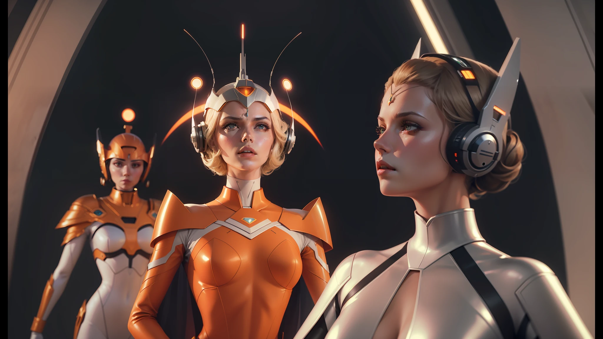 there are three women in costumes that are standing together, 7 0 s science fiction art, mugler, zone of the enders, theron, crown of (white lasers), interconnected human lifeforms, orange halo around her head, queen of the galaxy, domes, charlize, filmation, beautiful highly symmetric faces, vhs screencap, google glass --auto --s2