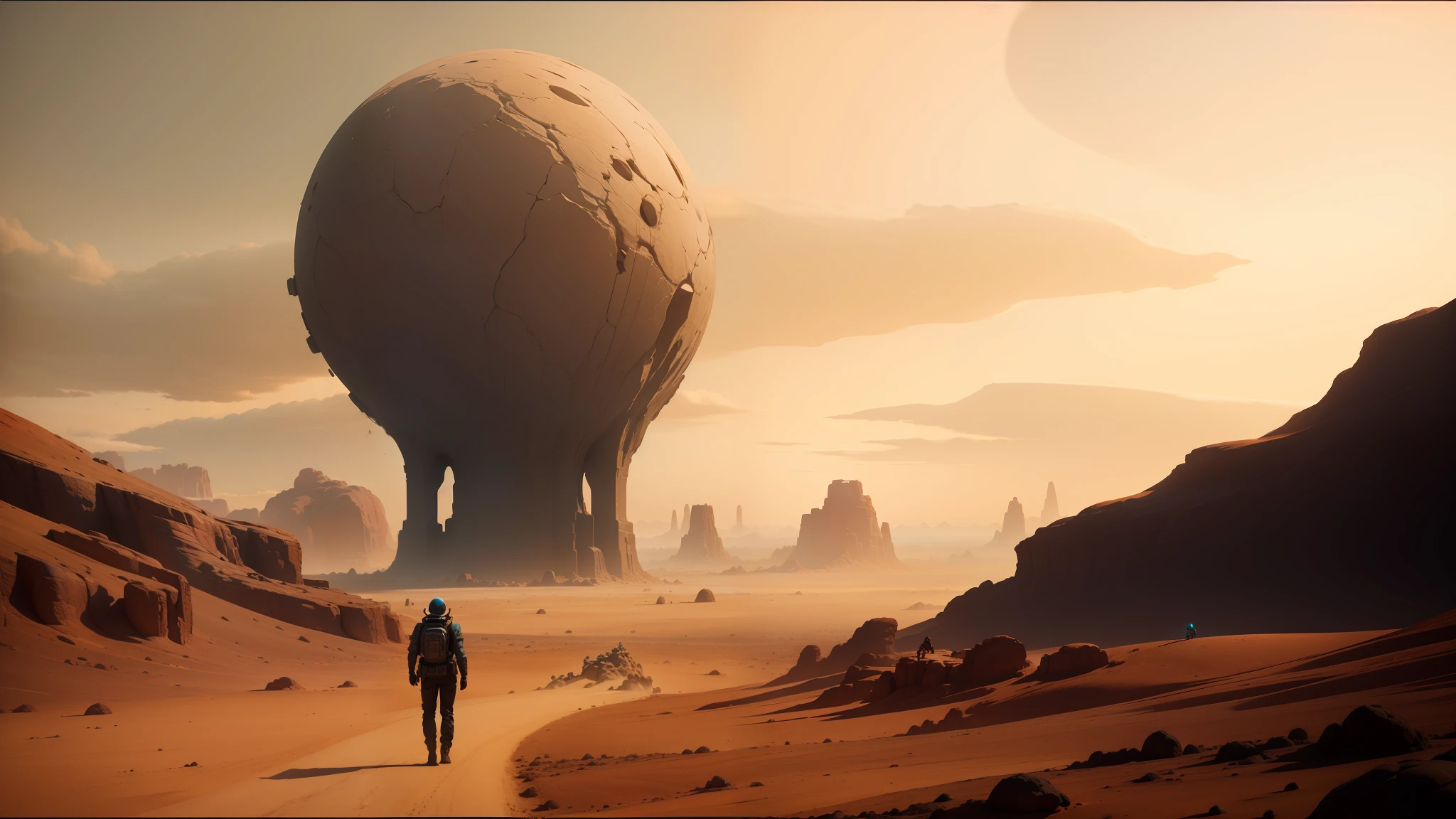 there is a man walking in the desert with a giant rock, gorgeous digital art, dystopian landscape, inspired by Otto Pilny, big pink sphere high in the sky, autodesk maya, connectedness, inspired by Les Edwards, still from l'estate, anamorphic illustration, by Sam Dillemans, soil --auto --s2