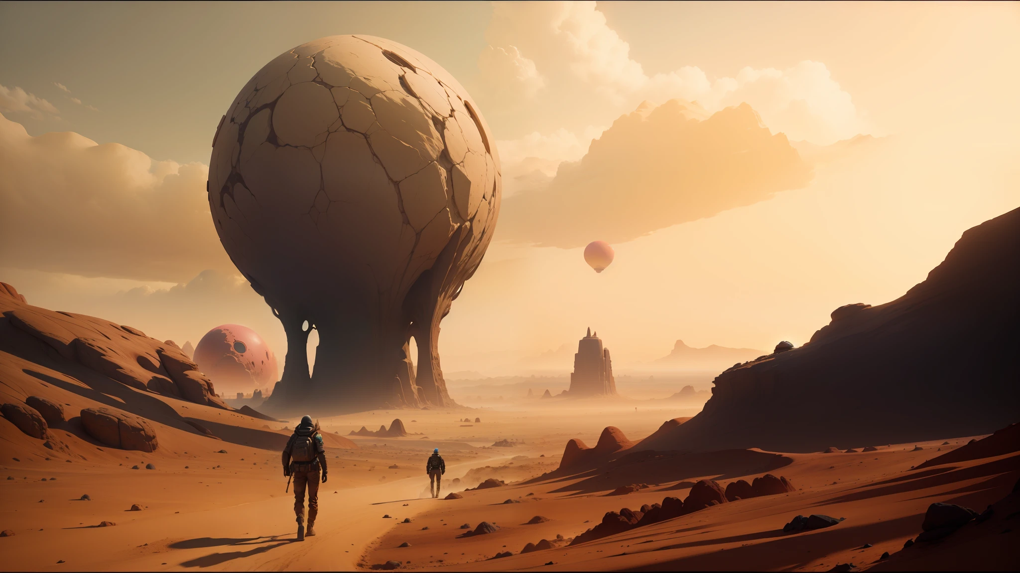 there is a man walking in the desert with a giant rock, gorgeous digital art, dystopian landscape, inspired by Otto Pilny, big pink sphere high in the sky, autodesk maya, connectedness, inspired by Les Edwards, still from l'estate, anamorphic illustration, by Sam Dillemans, soil --auto --s2