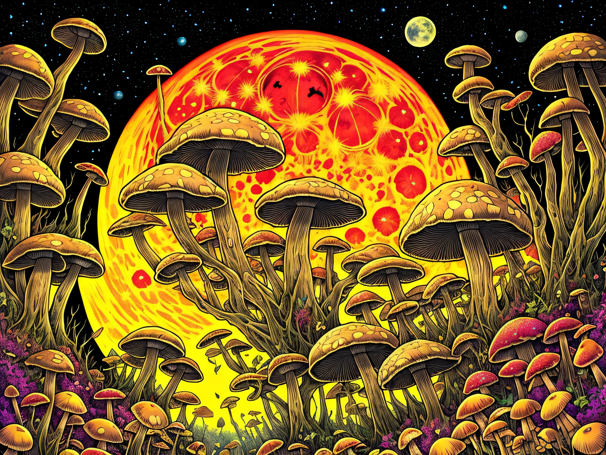 Close-up of mushroom Tanaka moon skull painting, mushrooms, art illustration, HD details, Dan Mumford and Alex Gray style, infected mushrooms, mushroom dreams, artwork, style Alex Gray, fantasy art, cosmic horror, exquisite aesthetics, surreal art, colorful horror detail art