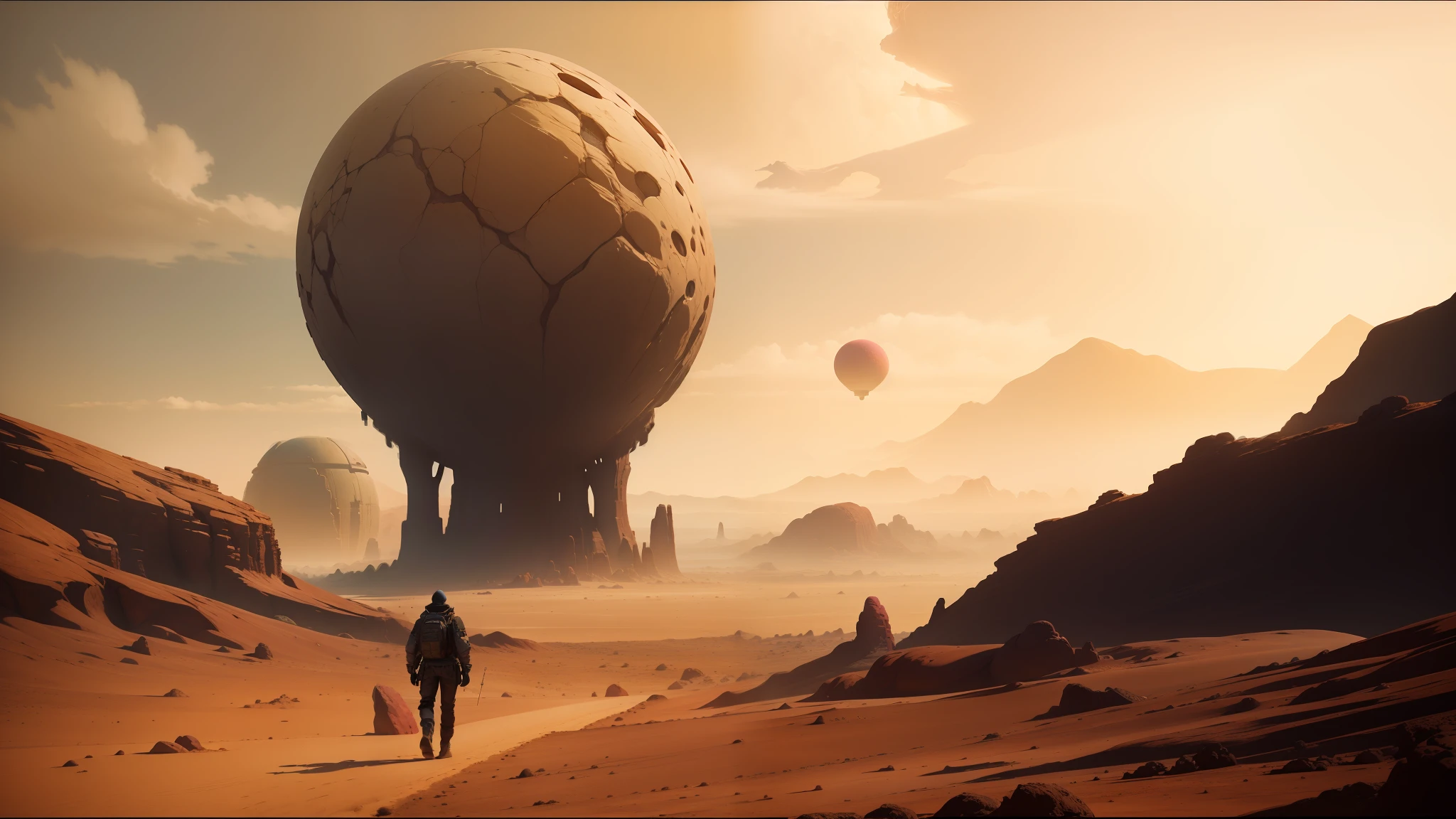 there is a man walking in the desert with a giant rock, gorgeous digital art, dystopian landscape, inspired by Otto Pilny, big pink sphere high in the sky, autodesk maya, connectedness, inspired by Les Edwards, still from l'estate, anamorphic illustration, by Sam Dillemans, soil --auto --s2