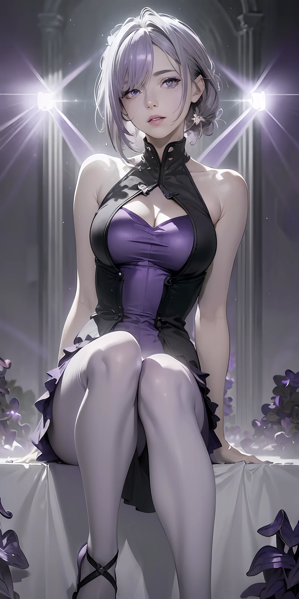 Detail, depth of field, ((((Masterpiece)))), (((Highly detailed CG Unity 8k wallpaper)), highest quality, high resolution illustration, amazing, high resolution, intricate detail, (best lighting, best shadow, very delicate and beautiful), ((selective color monochrome:1.5)) BREAK
((gray hair:1.5)), side cut bob, sandals, bare_legs, solid tank bodysuit, sleeveless, skirt, cleavage, looking_at_viewer, (((lilac eyes:1.4))), lovely face, open mouth,
((((Tyndall effect))), mottled sunlight, clouds, outdoor,leaves, sunset, cloudy_sky, burning, bellflower