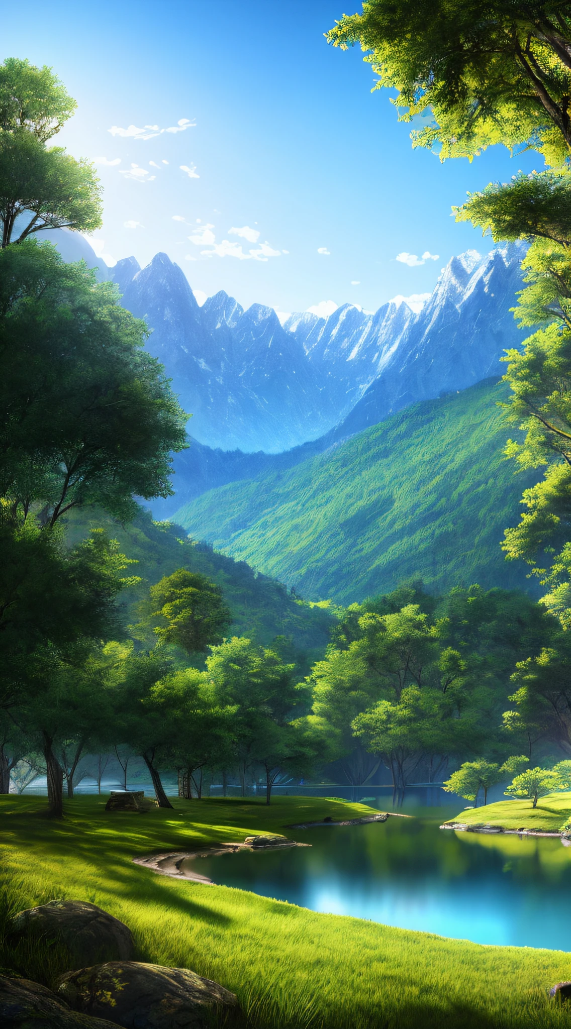 A peaceful place, very pleasant, beautiful, calm and scenic. Realistic, 8K UHD, studio quality, ultra-realistic, maximum detail, massive scale, post-processing, photorealistic, photorealistic, photoshop, photography, detailed, cinematic lighting, landscape, panorama, landscape, ray tracing