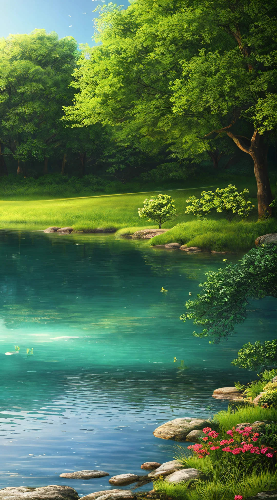 A peaceful place, very pleasant, beautiful, calm and scenic. Realistic, 8K UHD, studio quality, ultra-realistic, maximum detail, massive scale, post-processing, photorealistic, photorealistic, photoshop, photography, detailed, cinematic lighting, landscape, panorama, landscape, ray tracing