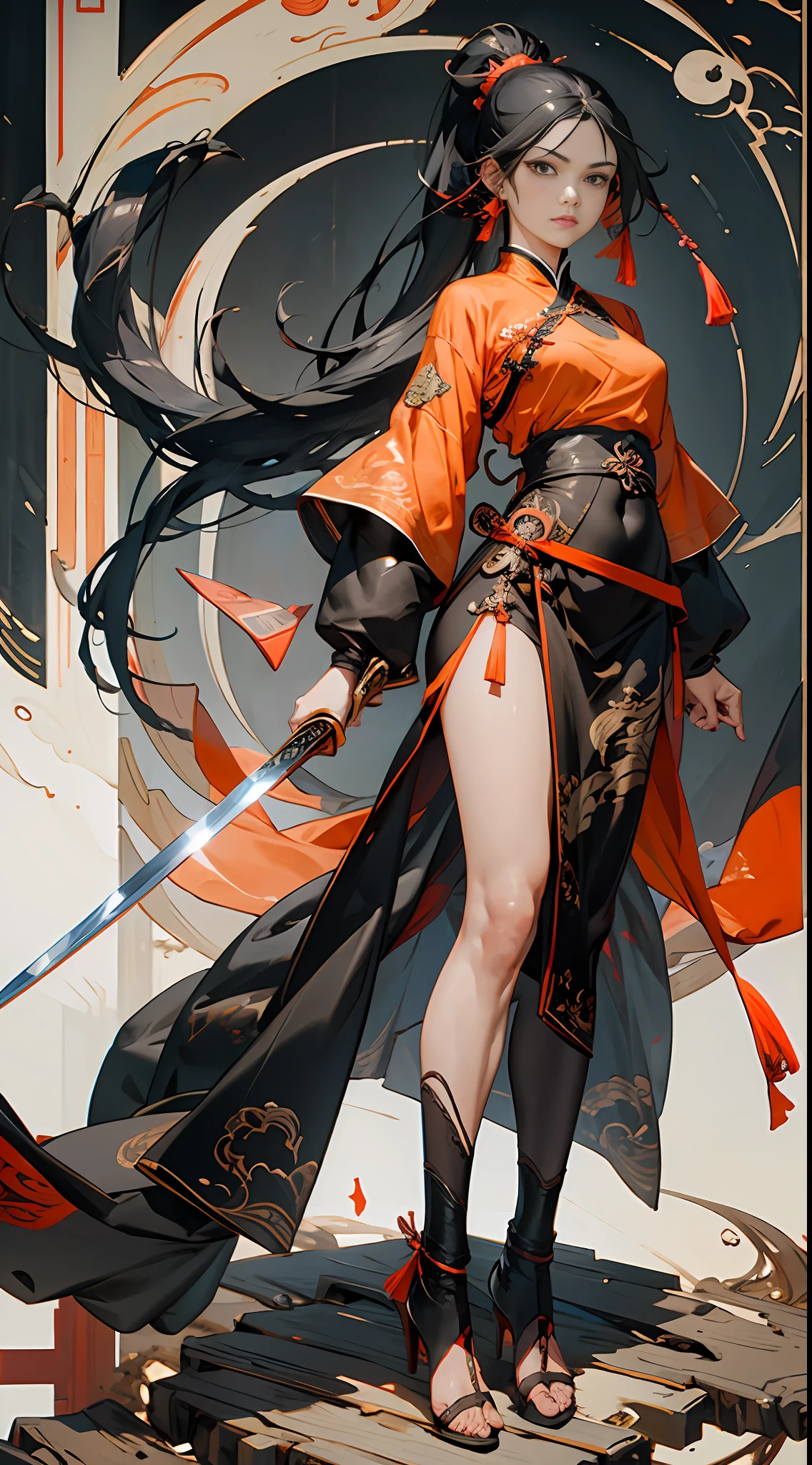 Best quality, masterpiece, super high resolution, 1 girl, beautiful face, detailed skin, chinese dragon, full body, hanfu, long hair, black hair, ponytail, chinese sword, sword, hold, weapon, holding weapon, blood, arm shield, male focus, looking at the audience, black eyes, cloth, floating hair all body, orange, body leaning forward.