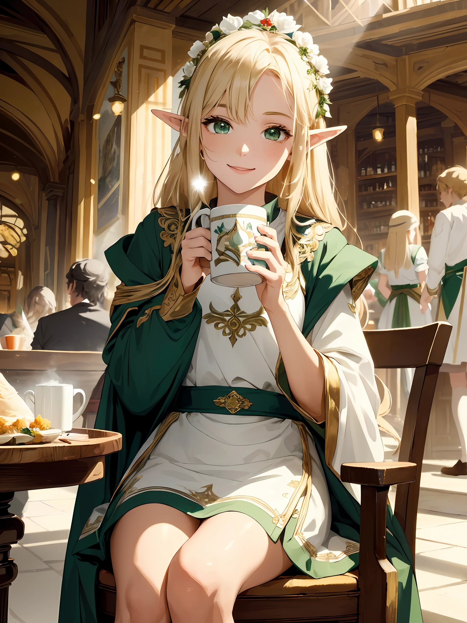 (((Masterpiece, highest quality, high definition, high detail)))), ((((Fantasy)))), one, (Elf woman)))), (short skirt of white with gold embroidery), (blonde long straight hair), (glossy dark green eyes), (green surcoat embroidered with gold), big, (((tavern of the fortified city)), (gastronomy: 1.6), noisy, ale, vegetable salad, meat dishes, tilting the head, Smiling, (sitting on a chair and drinking a mug of liquor deliciously)), particles of light are flying