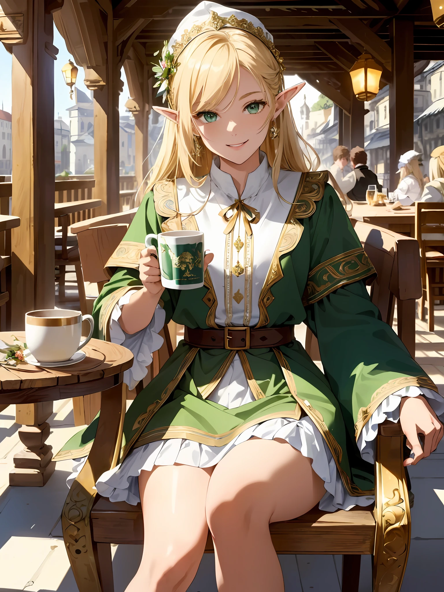 (((Masterpiece, highest quality, high definition, high detail)))), ((((Fantasy)))), one, (Elf woman)))), (short skirt of white with gold embroidery), (blonde long straight hair), (glossy dark green eyes), (green surcoat embroidered with gold), big, (((tavern of the fortified city)), (gastronomy: 1.6), noisy, ale, vegetable salad, meat dishes, tilting the head, Smiling, (sitting on a chair and drinking a mug of liquor deliciously)), particles of light are flying