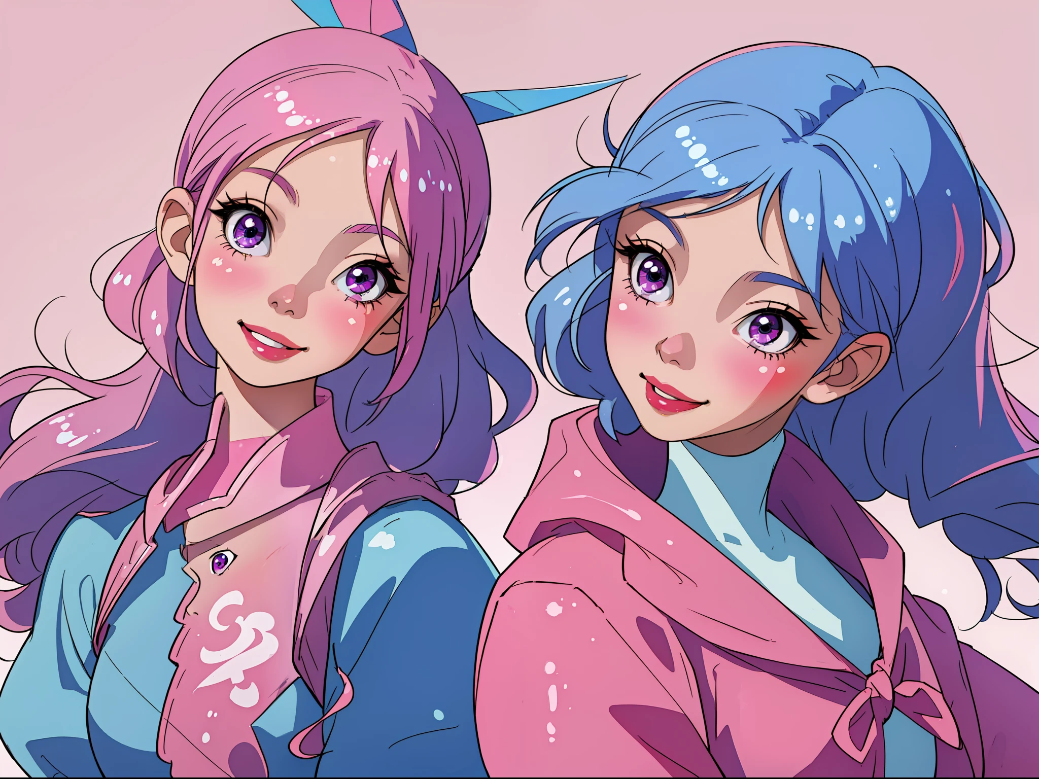 Masterpiece, Best Quality, Simple Background, (Solid gradient background: 0.8), Ultra detailed, Ridiculous, Colorful, 1 girl, Solo, (Pink eyes:1.0), (Blue hair, Gradient hair, Blunt bangs, Double tails:1.0), Fine eyes, Big eyes, Eyelashes, Headband, (Smile: 0.8), Medium breasts, (Side view: 0.5), Upper body, Horizon, Pink theme, blue hoodie, Short skirt, Rainbow, Long sleeves, Pastel, kawaii, sun, blush sticker, Head tilt