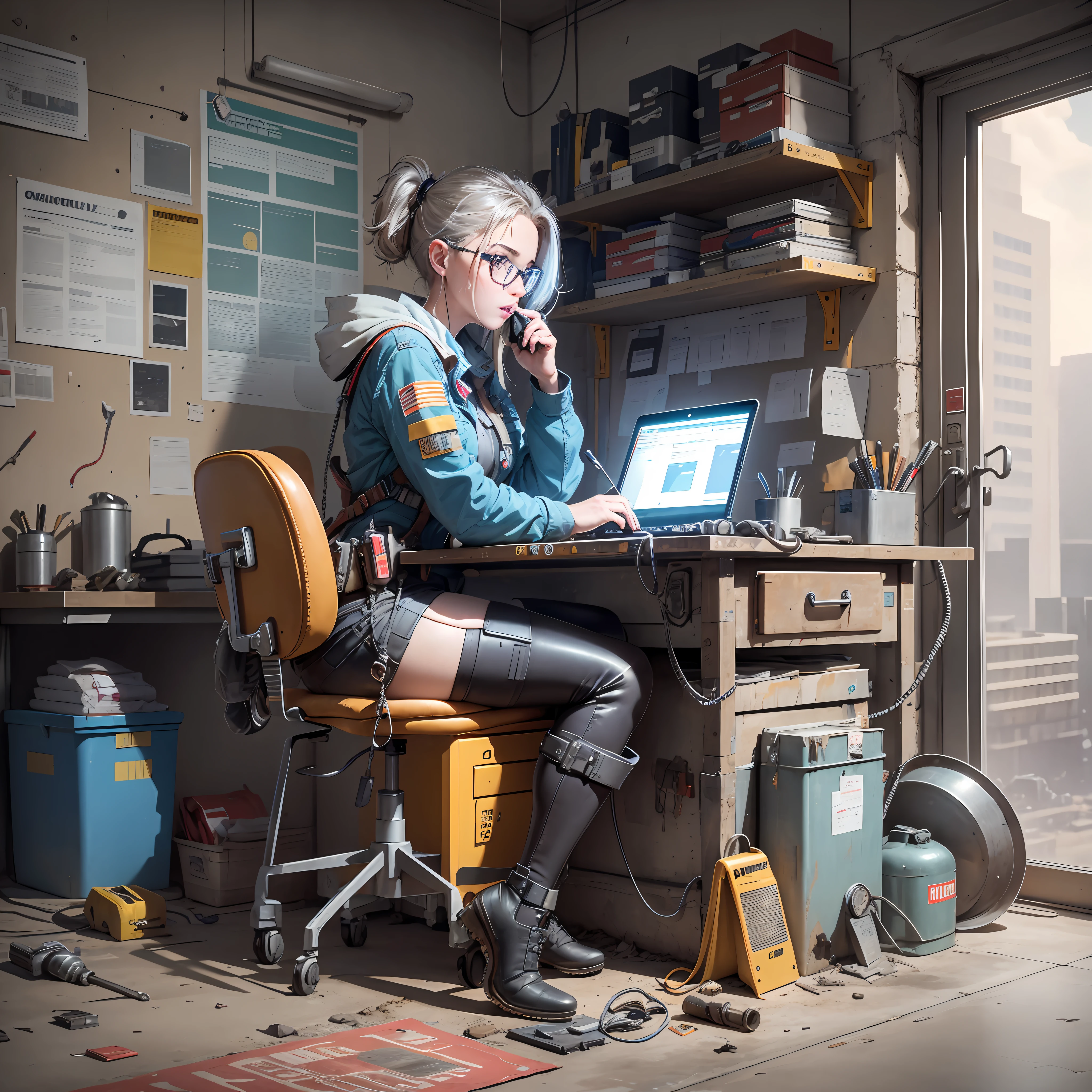 Digital Workspace

Masterpiece, top-notch quality, ultra-detailed, illustration, 1girl, solo, radiant, reflective, latex, work attire, laptop with visible screen displaying programming code, curvaceous, body, seated, intricate, work shoes, cluttered, workspace, technological, high heels, black, red, silver, metallic, gloves, goggles, protective, gear, devices, operating laptop, tools, sparks, dirt, grime, oil, stains, sweat, exhaust, pipes, gauges, dials, buttons, levers, cables, wires, electronic, systems, server racks, crane, pulley, soldering iron, circuit tester, drill, saw, hammer, screwdriver, wrench, pliers, spanner, toolbox, fire extinguisher, first aid kit, ventilation, ducts, light fixtures, emergency exit, warning signs, caution tape, posters, calendar, coffee mug, disorganized, workbench, storage, shelves, bins, lockers, hard hat, safety vest, ear muffs, face shield, respirator, smoke, fumes, debris, concrete floor, concrete walls, metal beams, rivets, bolts, screws, nuts, washers, chains, ropes, hooks, clamps, magnets, bearings, coolants, fluids, solvents, adhesives, lubrication, maintenance, repair, overhaul, upgrade, installation, assembly, fabrication, customization, prototype, research, development, testing, quality control, inspection, certification, compliance, regulation, standard, efficiency, productivity, innovation, excellence, satisfaction, teamwork, dedication, professionalism, empowerment, diversity, equality, respect, safety culture, tech fashion, sci-fi, cyberpunk, dystopian, the girl using laptop, showcasing programming expertise. --auto --s2
