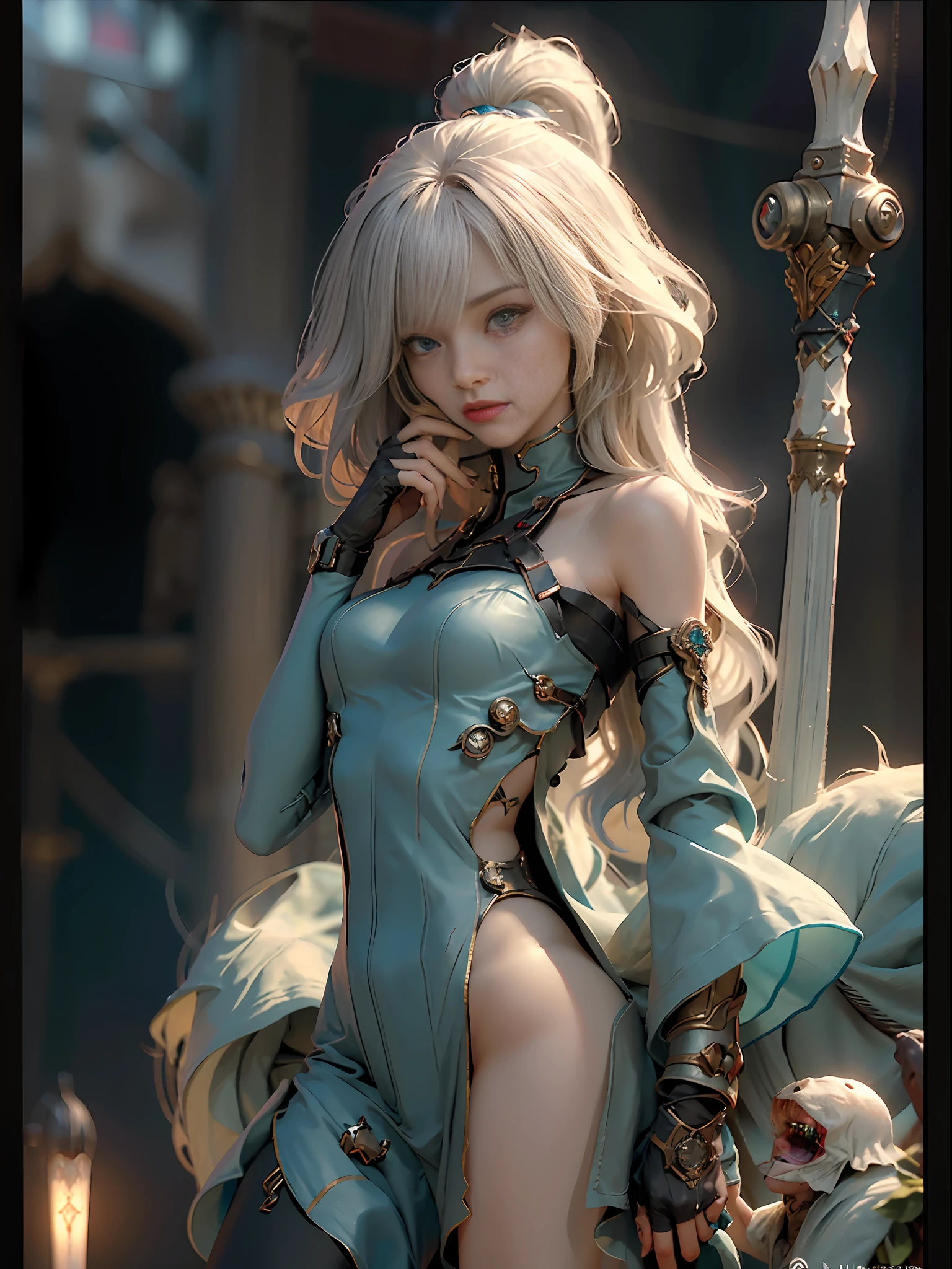 ((Best Quality)), ((Masterpiece)), (Details: 1.4), 3D, Bust, ((Facing Square)), (Body Facing the Viewer), (A Beautiful Petite and Slender Female Figure), ((Small Breast, Small Head)), ((Bust Photo)), (Upper Body), (Slender Perfect Figure: 1.2), (Perfect Face), (Perfect Eyes), (Perfect Fingers), (Short Neck Hair: 1.4), (Tight Combat Suit: 1.3), Golden Hair, Collar, (Gloves: 1.2), Chains, In the Distant Future, the line between science fiction and fantasy has disappeared, and the world is an awesome tapestry of wonder. Enter a universe where magic and technology coexist in harmony and shape the fate of civilization in the vast expanse of space. At the heart of this field is celestial relations, an interstellar center of mysterious energy and technological wonders. Here, arcane knowledge is intertwined with cutting-edge science, giving birth to a society where spaceships are filled with the power of ancient spells, while occult art enhances technology. As a young explorer, embark on a grand adventure destined to unlock the secrets of the celestial bond. As you travel through the uncharted realms of the universe, encounter various civilizations full of creatures with extraordinary abilities. From the ethereal spire of the elves, where the art of traveling across dimensions is perfected, to the cybernetic enclave of the Android Group, witness the tapestry of life where magic and technology intertwine. Unleash your latent power as you adapt to the energy flowing through the Nexus. Take advantage of the ancient spells of forgotten witchcraft to propel your starship through the vast universe. Engage in epic battles against Cosmic Abomination and Intergalactic Tyrants, wielding enchanted weapons infused with future enhancements. Uncover the origins of this harmonious blend of magic and technology as you delve into the mysterious realm of celestial relationships. Discover ancient prophecies that foreshadow catastrophic events that could upset this delicate balance. Unite with