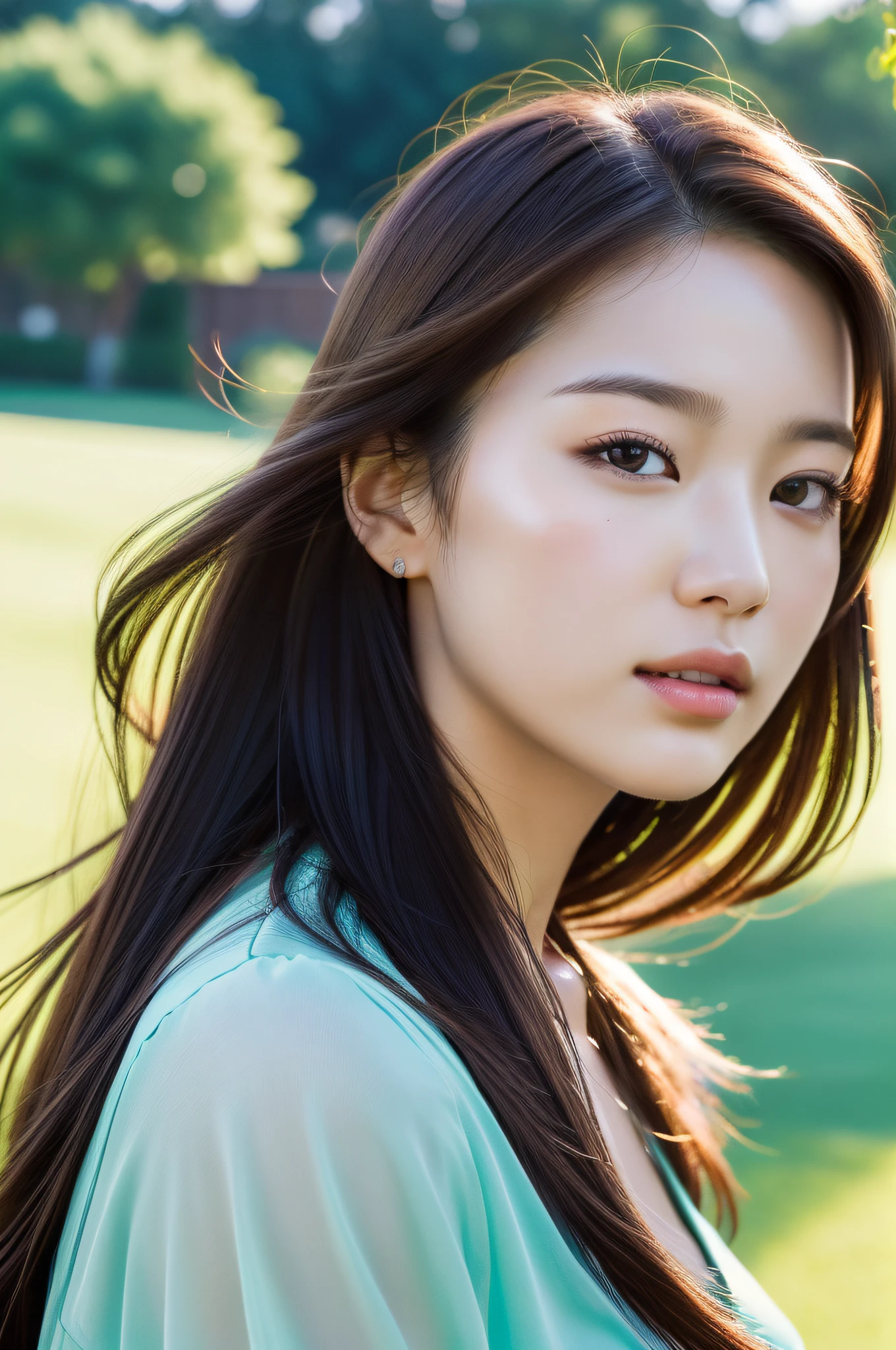 Photorealistic, realistic, ultra high resolution, breeze blowing through the grass, beautiful, masterpiece, highly detailed face, perfect lighting, solo, 1girl, super detailed, top quality,
