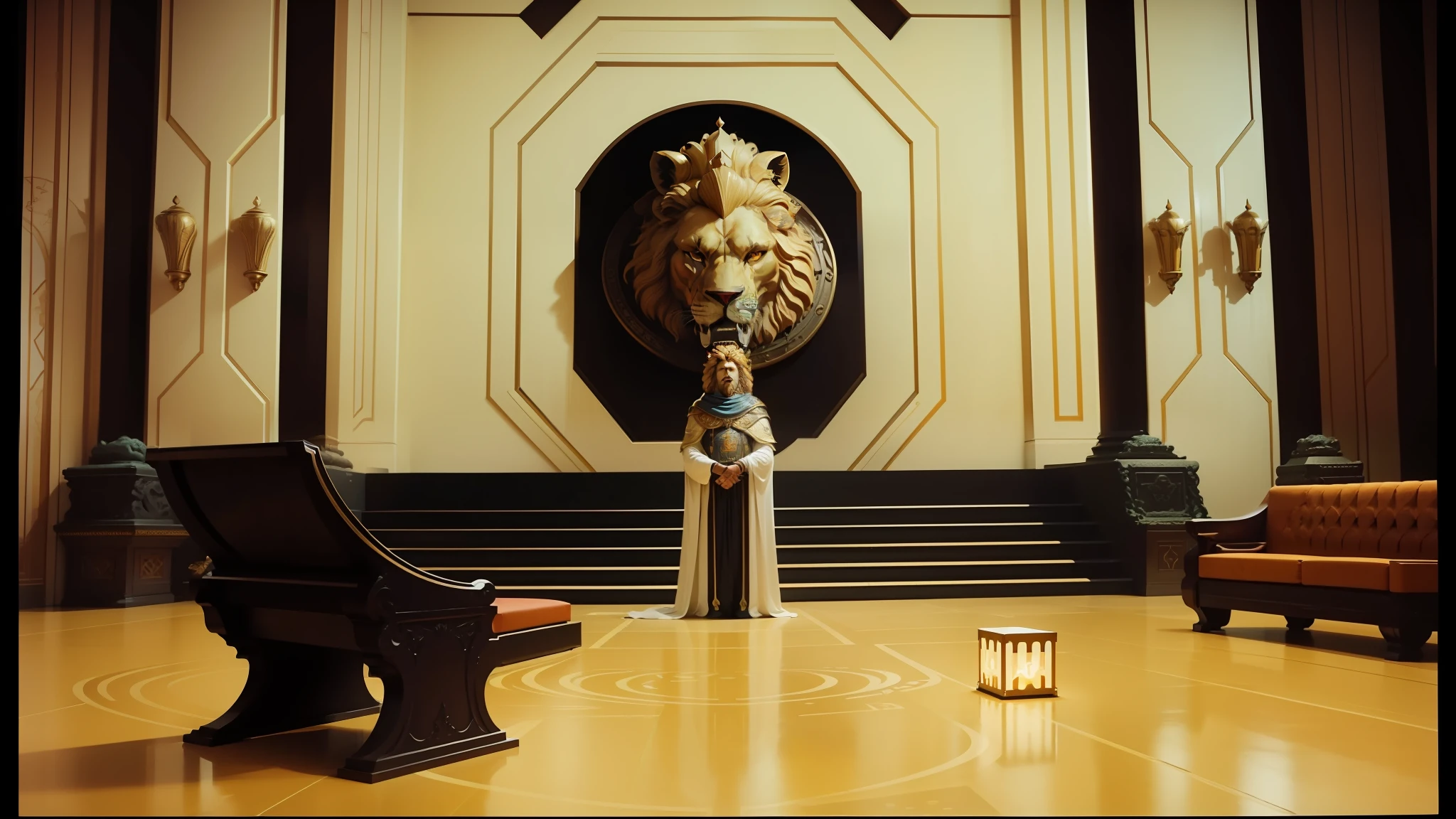 there is a statue of a man with a lion's head in a room, and a man standing, still from the movie dune-2021, exquisitely designed throne room, 80's computer graphics, big crown helmet, genzoman and gary gygax, beautiful highly symmetrical faces, hastur, cinemascope panorama, shot in anamorphic lenses --auto --s2