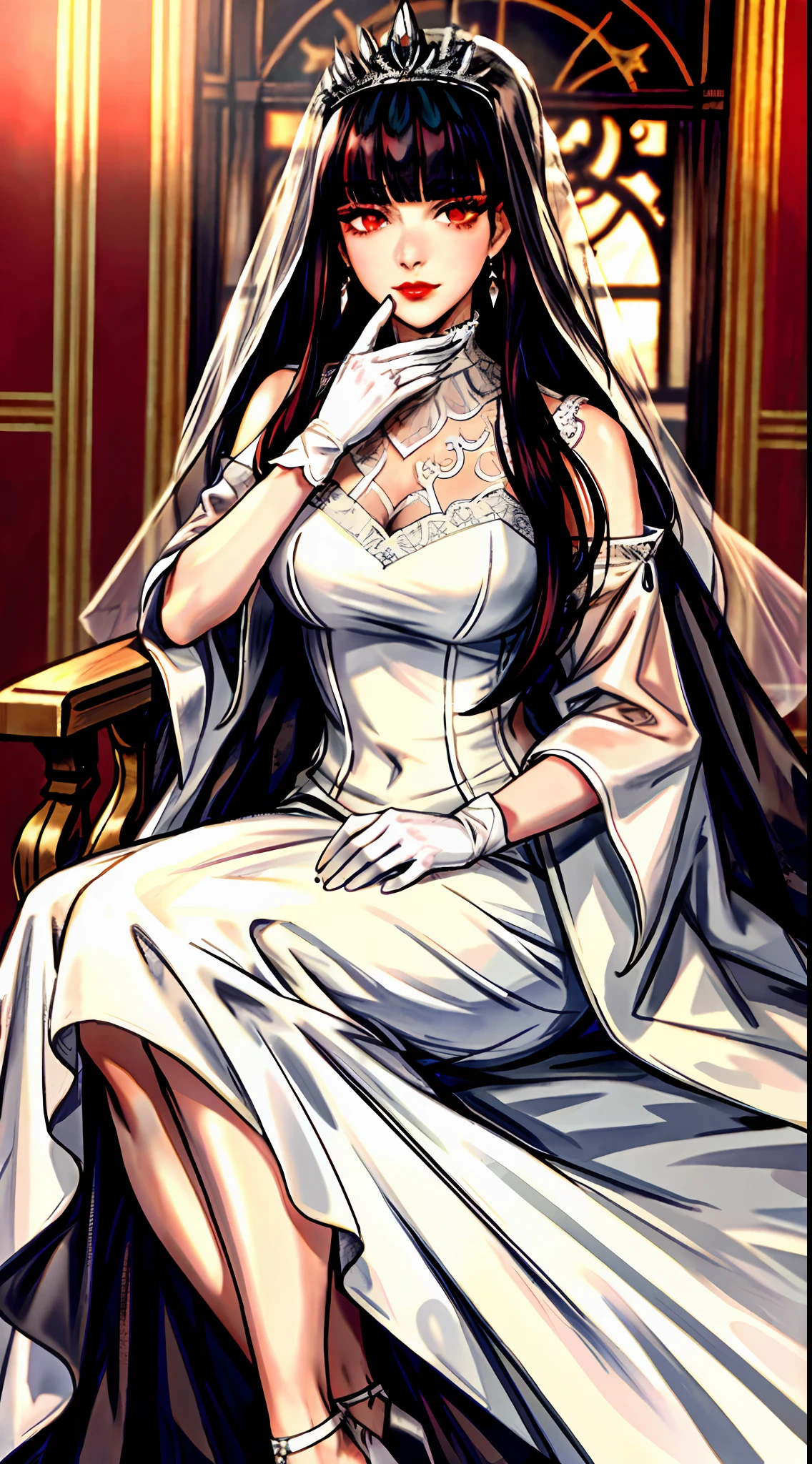 1girl, bangs, black hair, blunt bangs, closed mouth, earrings, eyelashes, eye shadow, face makeup, hair accessories, white tiara, accessories, lips, long hair, wedding dress, long skirt, lace sleeves, bridal veil, veil, white gloves, sharp, gaze viewer, makeup, multicolored hair, portrait, red eyes, red lips, solo, tassels, (shiny skin), luxury, royal palace, sunshine, (masterpiece: 1.4), (best quality: 1.4), reality, fashi-girl