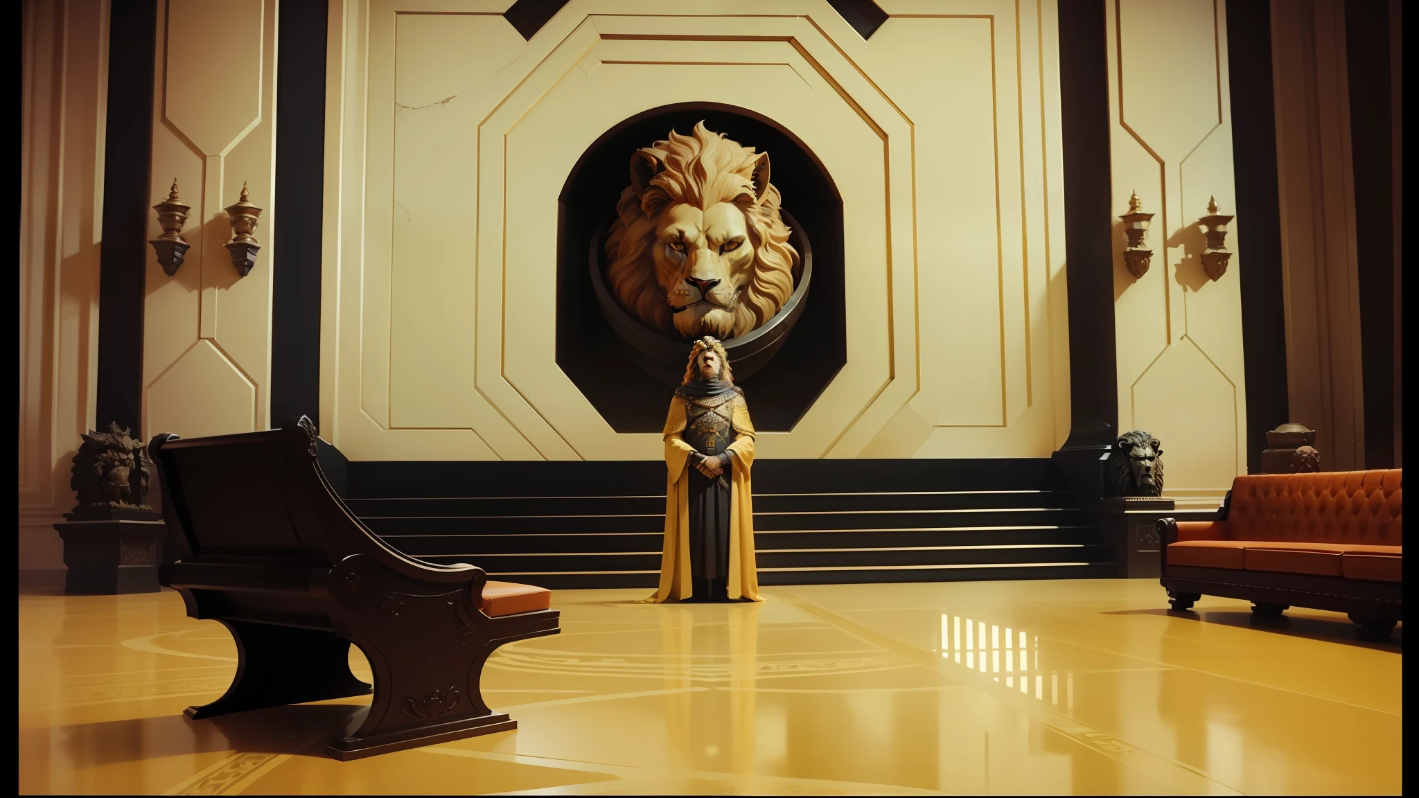 there is a statue of a man with a lion's head in a room, and a man standing, still from the movie dune-2021, exquisitely designed throne room, 80's computer graphics, big crown helmet, genzoman and gary gygax, beautiful highly symmetrical faces, hastur, cinemascope panorama, shot in anamorphic lenses --auto --s2